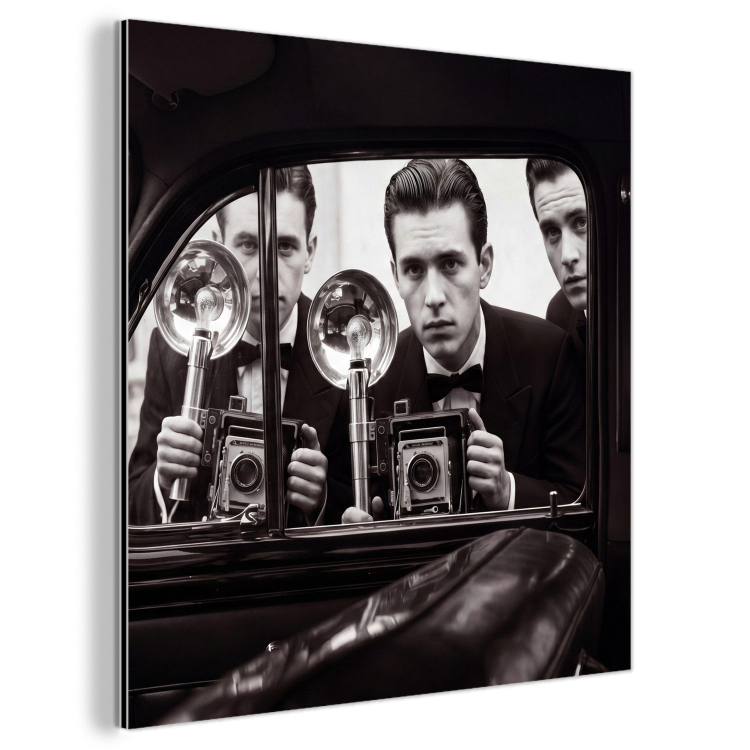MuchoWow Metallbild Fotograf – Kamera – Vintage – Journalismus – Schwarz-Weiß, Inkl. Aufhängung, Alu-Dibond-Druck, Wandbild aus Metall, Aluminium deko, 20x20 cm