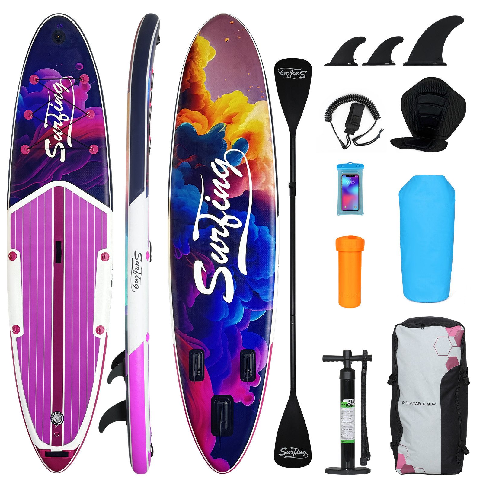Puluomis Inflatable SUP-Board Set aufblasbar mit Halter, Sitz und Fußband, MB. bis 150Kg, 335/320cm, Surfbrett Paddling Paddelboard