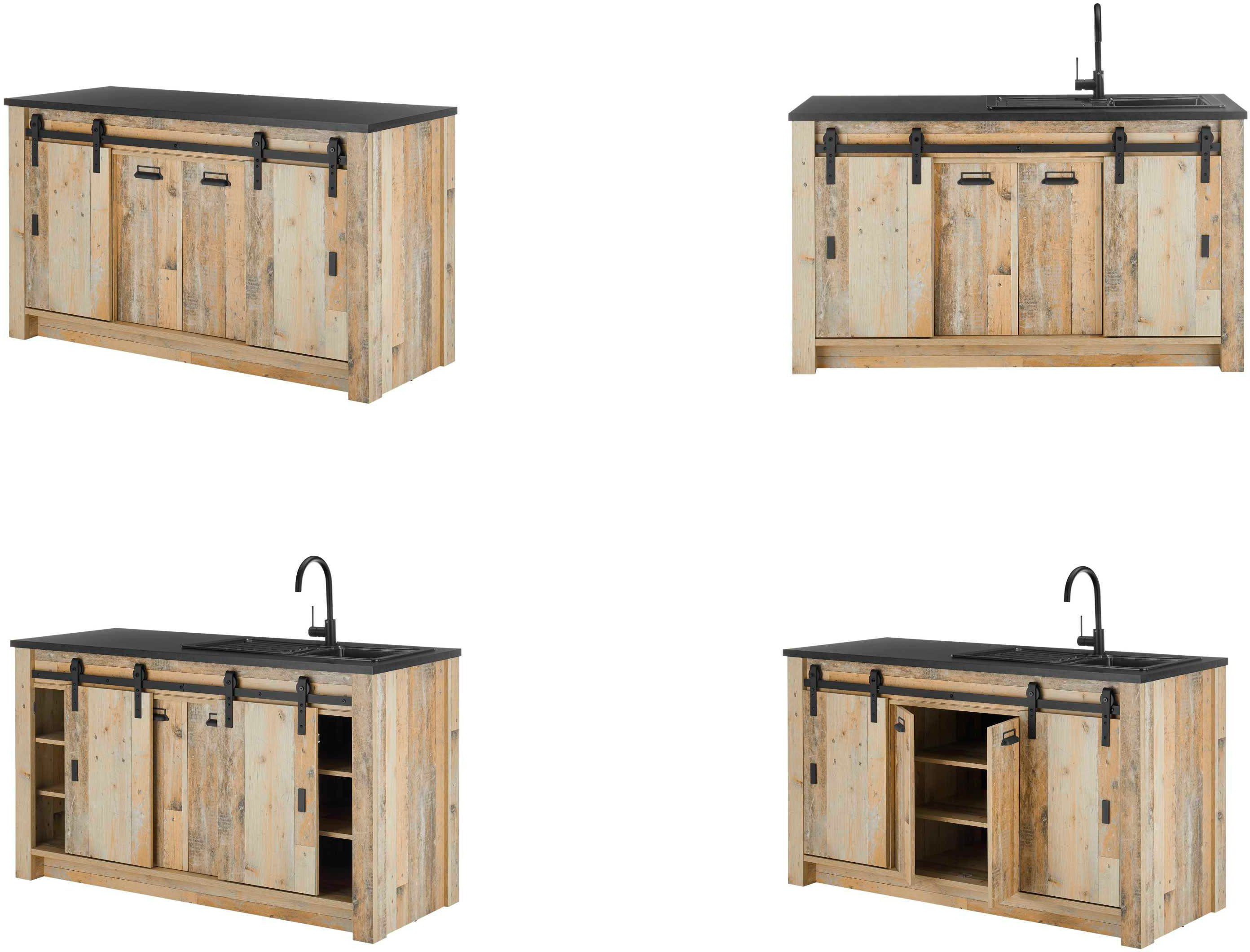 Home affaire Spülenschrank Sherwood Breite 161 cm, Scheunentorbeschlag und Apothekergriffe aus Metall