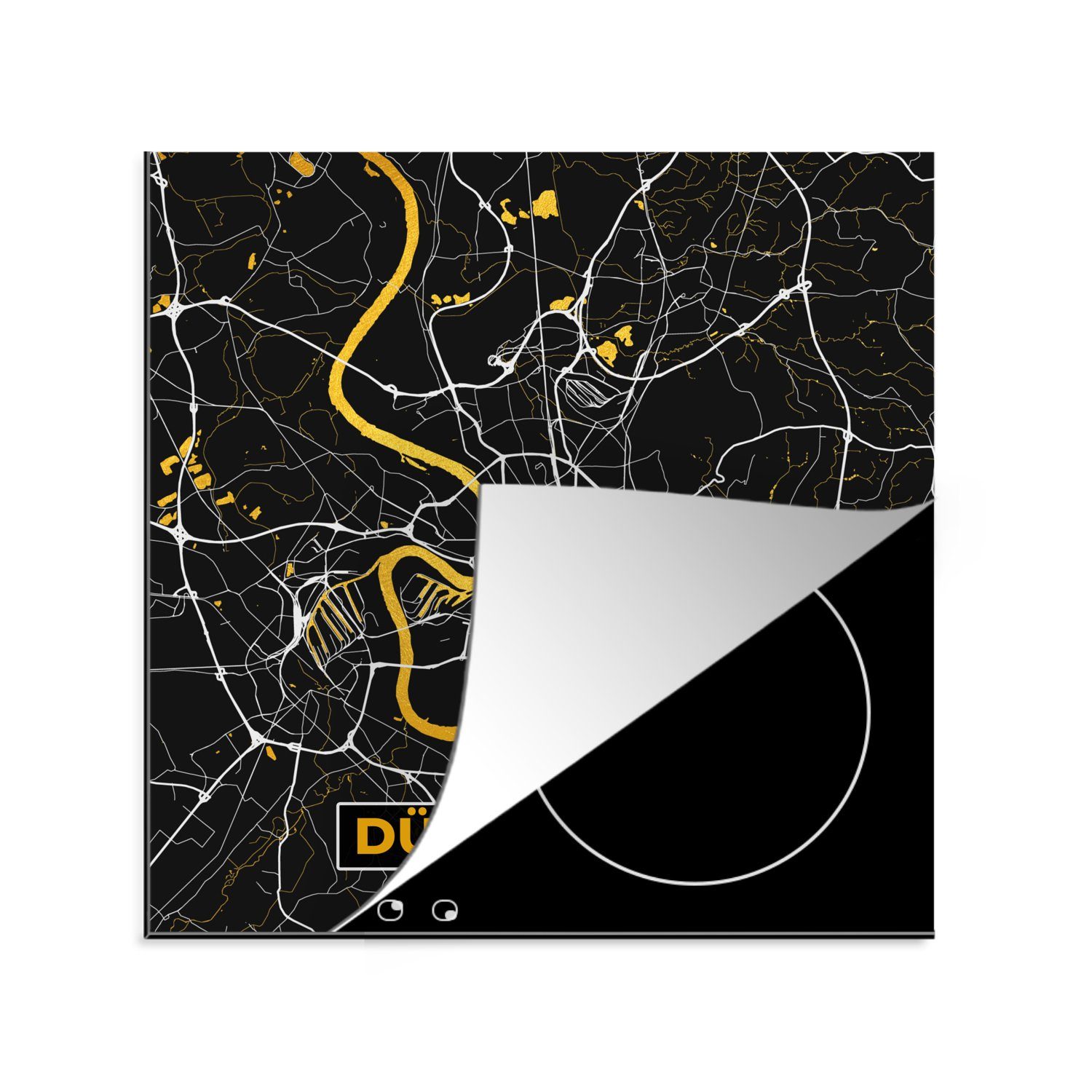 MuchoWow Herdblende-/Abdeckplatte Düsseldorf - Gold - Stadtplan - Karte - Deutschland, Vinyl, (1 tlg), 78x78 cm, Ceranfeldabdeckung, Arbeitsplatte für küche