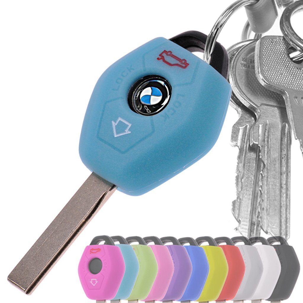 mt-key Schlüsseltasche Autoschlüssel Softcase Silikon Schutzhülle fluoreszierend Blau, für BMW E46 E83 E52 E85 E86 E39 E61 E60 E53 3 Knopf Funk Fernbedienung