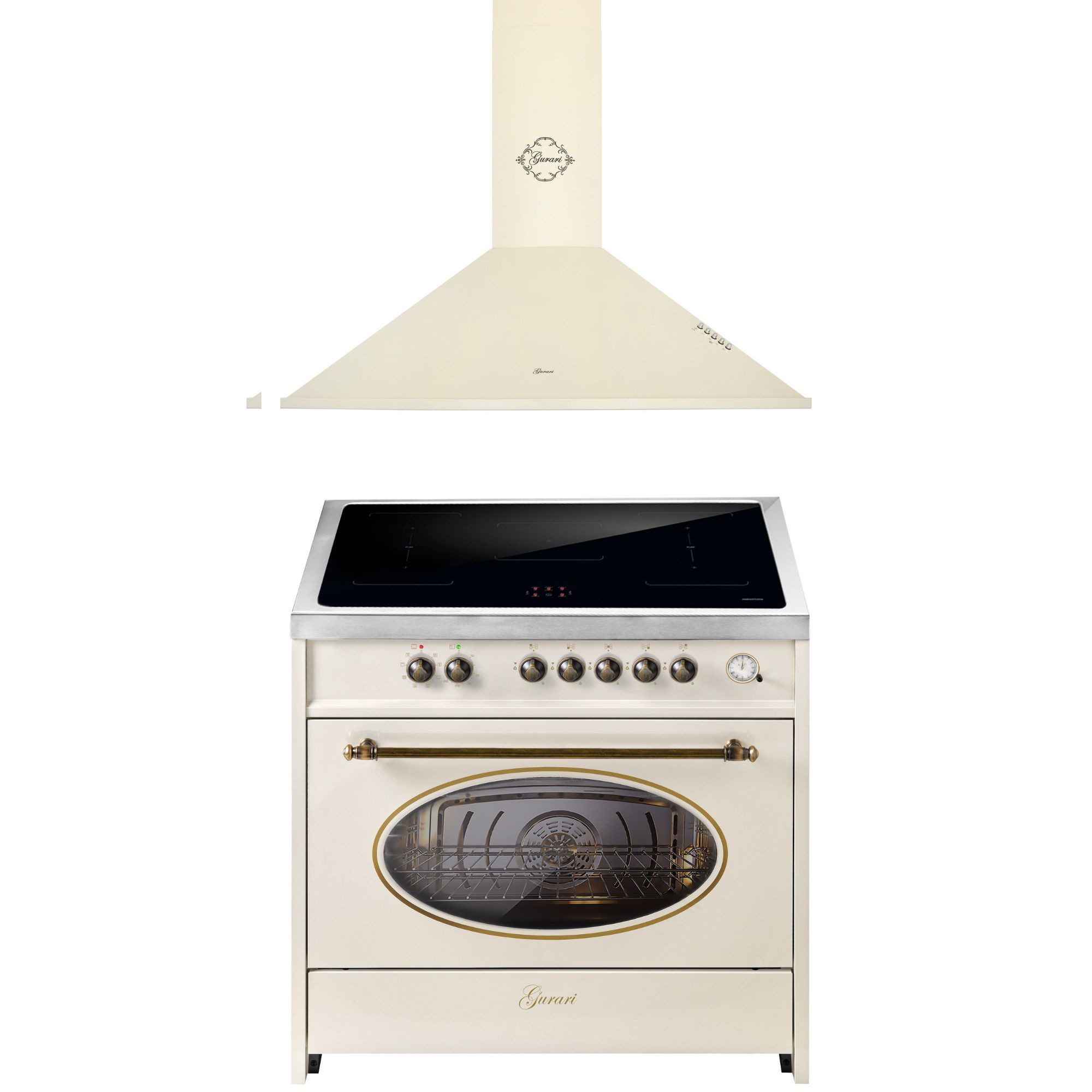 GURARI Induktions Herd-Set Retro Range Cooker 90 cm, FLEX ZONEN, Booster, 5 Zonen, 121L E 913 RU CR+Dunstabzugshaube 90 cm E 913 RU CR+GCH C 046 BG 9, mit 1-fach-Teleskopauszug