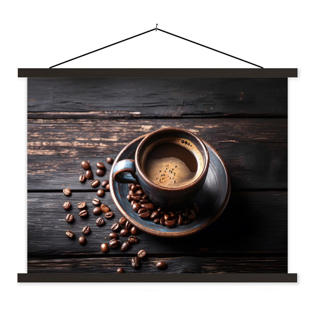 MuchoWow Poster Tasse - Kaffee - Holz - Bohnen, (1 St), Magnetische Posterleiste, Holzleisten, Textilposter, 40x30 cm