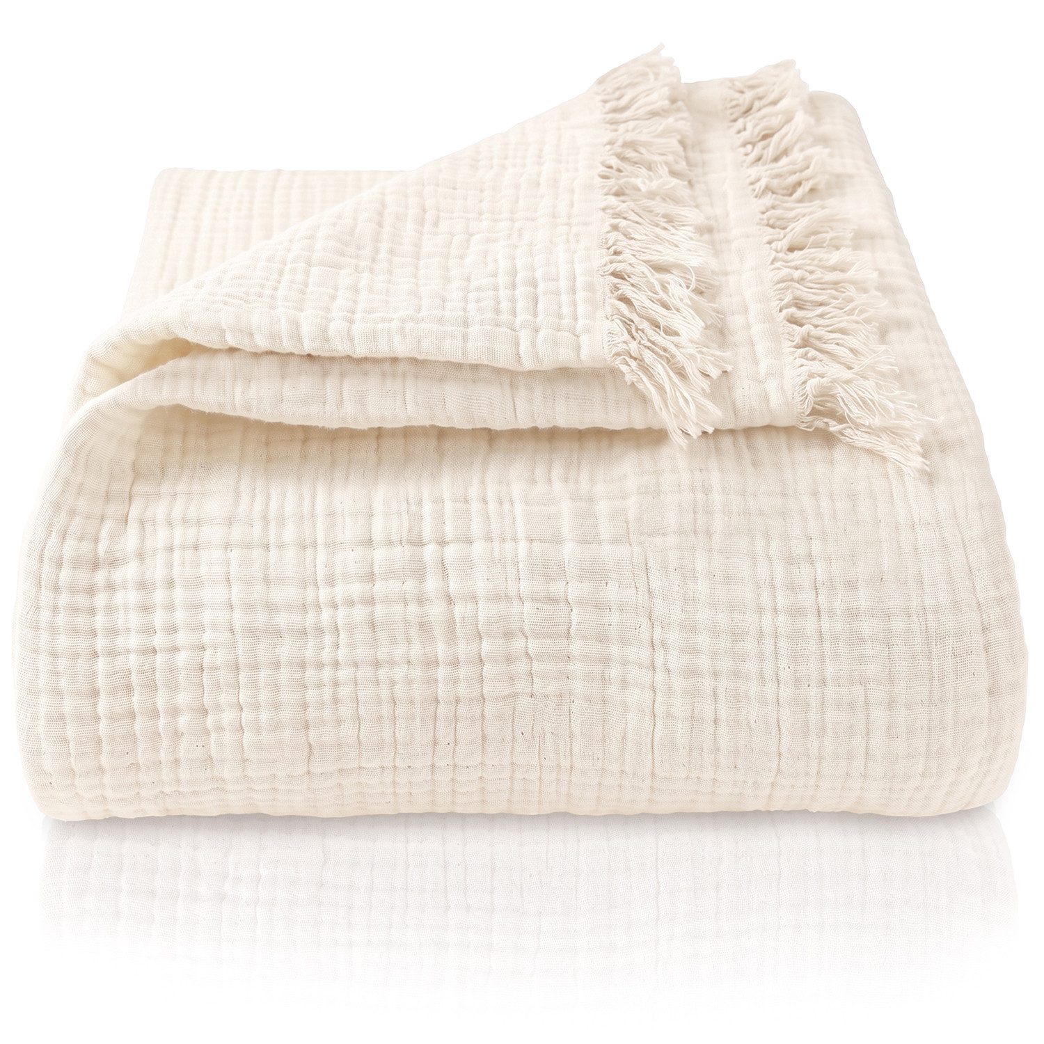 Laynenburg Tagesdecke Musselin mit Fransen aus 100% Baumwolle – Baumwolldecke, Wohndecke als Sommerdecke, Bett-Überwurf, Sofa-Decke, Kuscheldecke