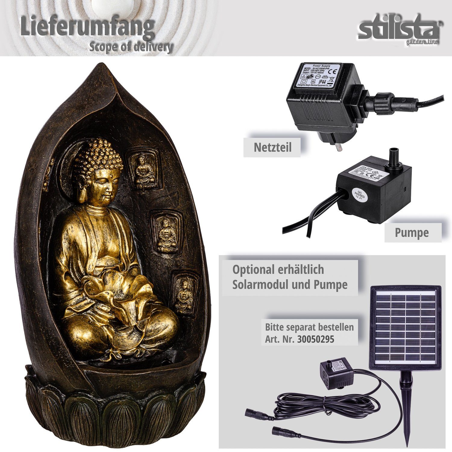 STILISTA Gartenbrunnen Wasserspiel 35 Zierbrunnen LED Beleuchtung, cm, Springbrunnen 29 x 64 Kaskade, Buddha x Pumpe inkl