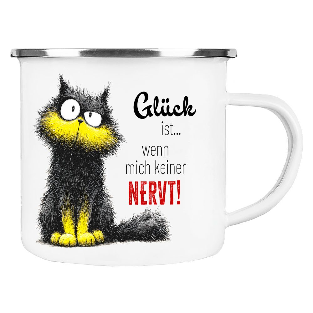 Cadouri Tasse GLÜCK IST... Camping Emaille Tasse, Campingtasse, Metall, Campingbecher, Kaffeetasse für Camper, handgefertigt, Geschenk, 300 ml