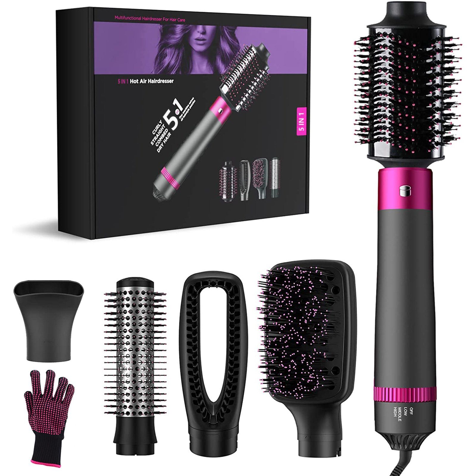 Aoucheni Warmluftbürste Haartrockner Щітки з гарячим повітрям-Set, 5 IN 1 Föhnbürste, Multifunktionale Heißluftkamm, Curly Hot Air StylerHeißluftbürste