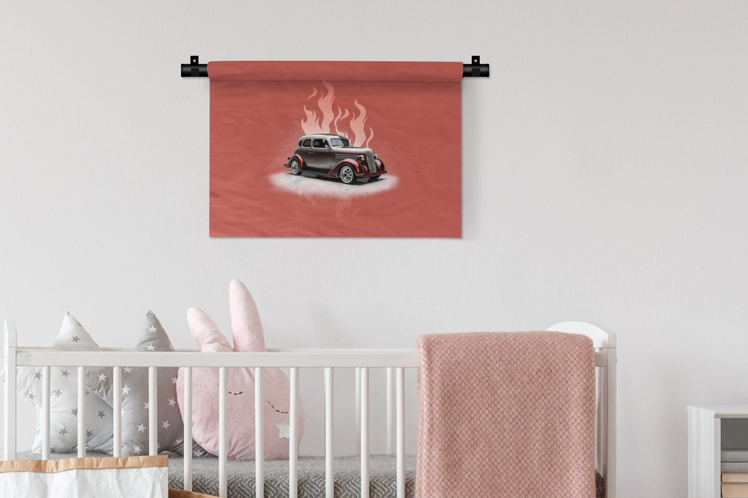 MuchoWow Wanddekoobjekt - Kinderzimmer Schlafzimmer, Wohnzimmer, - - Wandbehang, Kleid, Vintage Auto Rosa Wanddeko Flammen, für