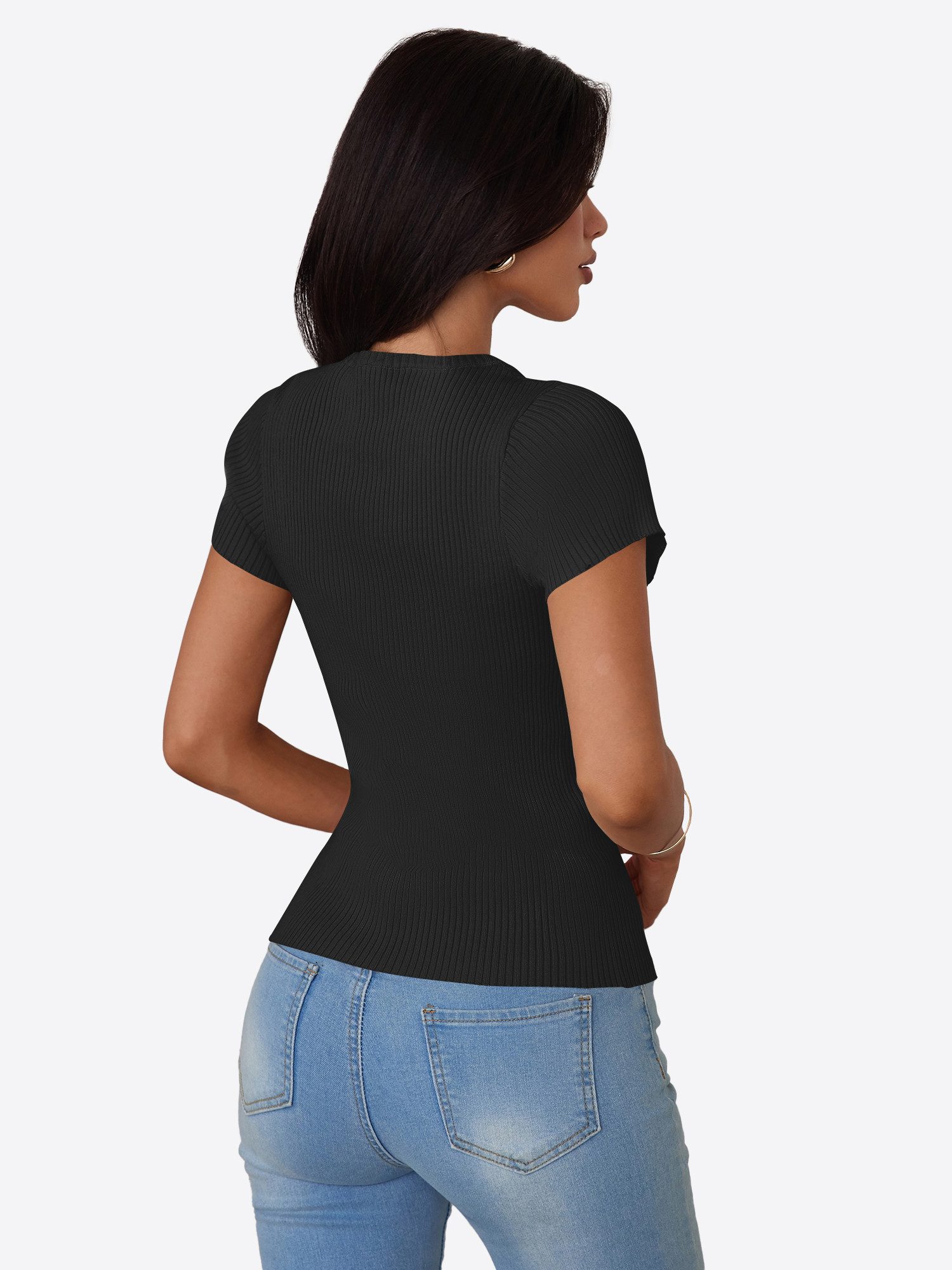 Imily Bela Kurzarmshirt Damen geripptes Strickoberteil Rundhals Knopfleiste günstig online kaufen