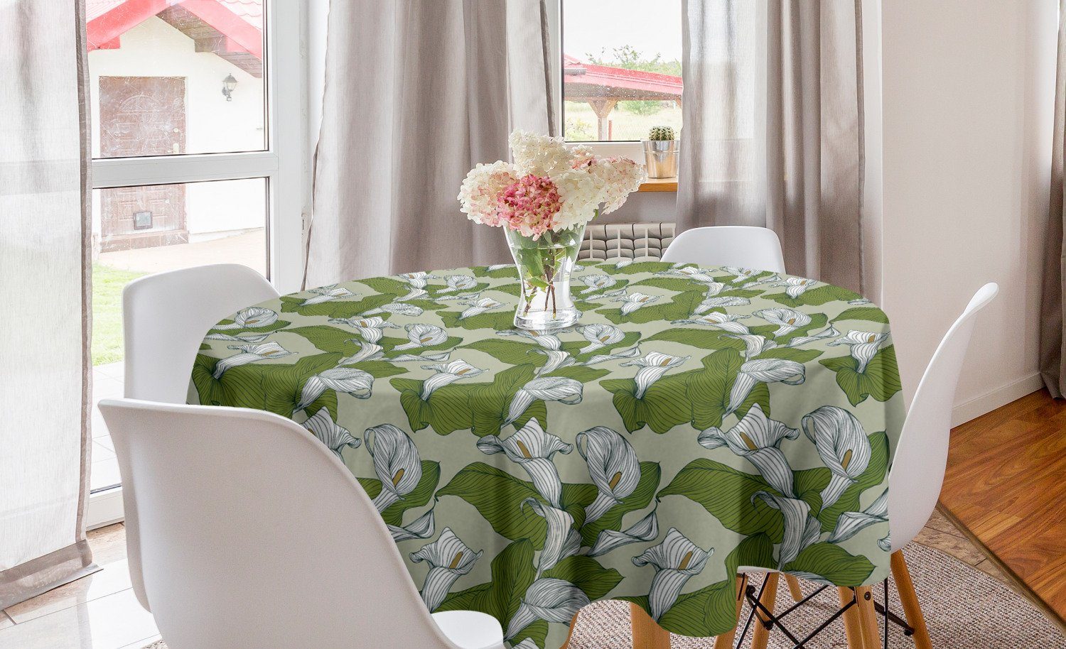 Abakuhaus Tischdecke Kreis Tischdecke Abdeckung für Esszimmer Küche Dekoration, Grün und Weiß Calla-Lilien
