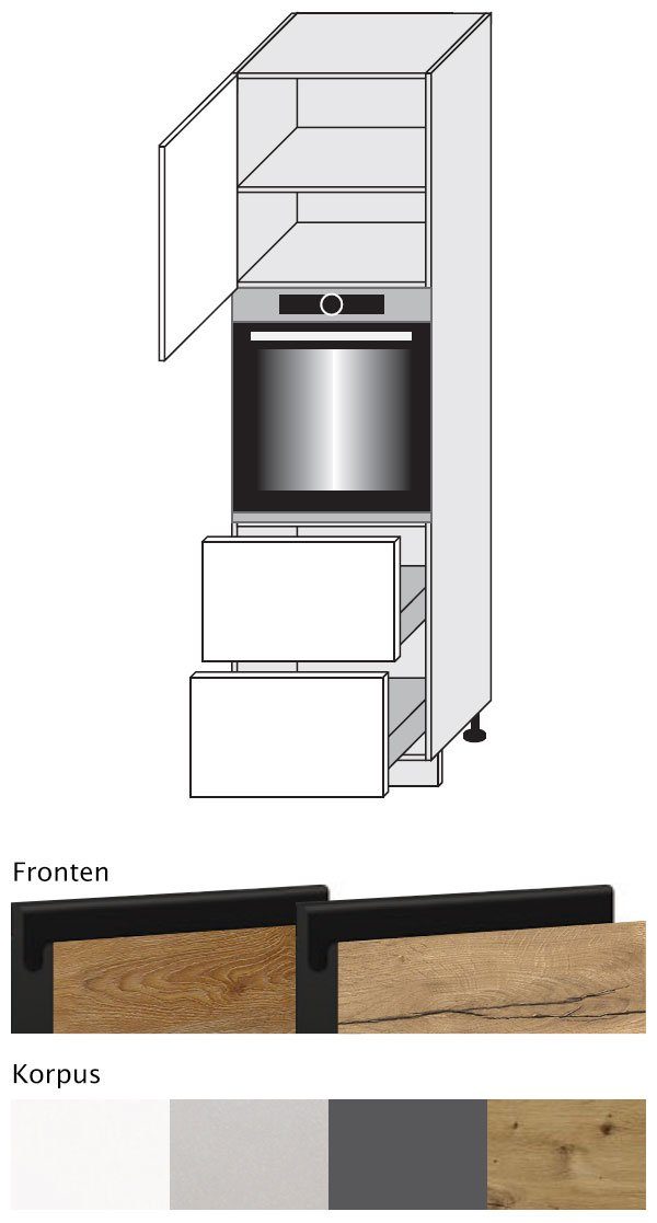 2 Tür Treviso wählbar Front- grifflos Halifax Korpusfarbe & - 1 Schubladen Feldmann-Wohnen Backofenumbauschrank (Teilauszug) Eiche schwarz