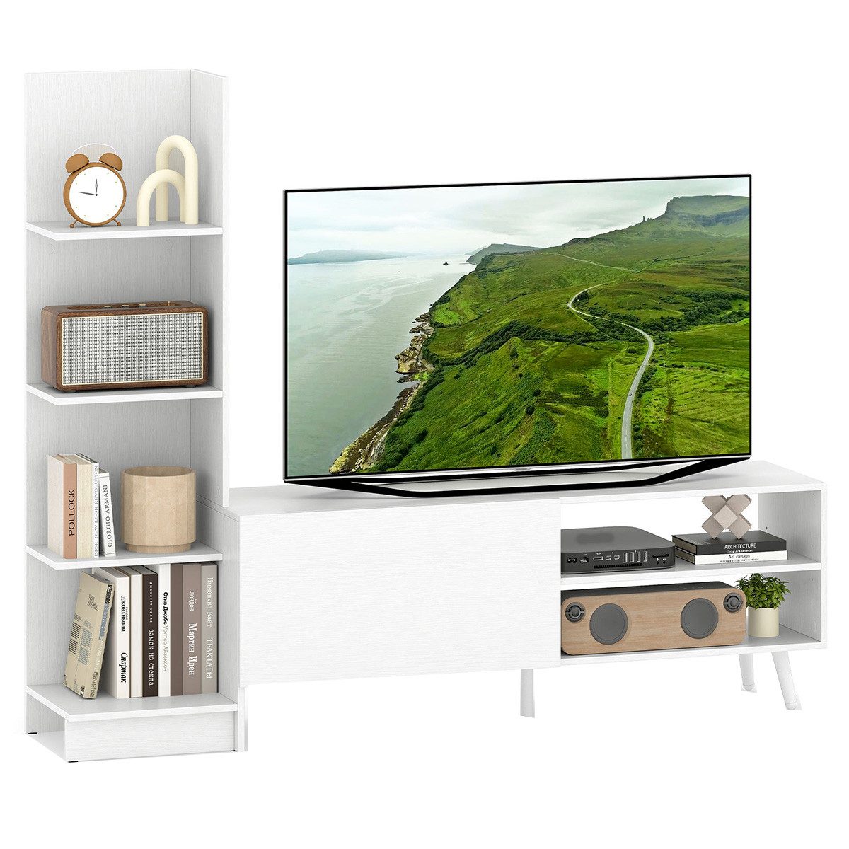 COSTWAY TV-Schrank mit Bücherregal & verstellbarem Regal Fernsehtisch 140cm günstig online kaufen