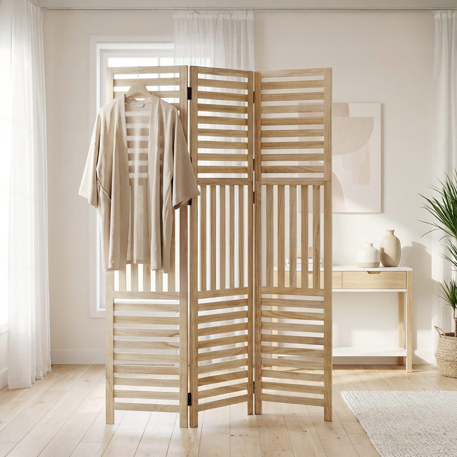 Homestyle4u Paravent Raumteiler Indoor Holz Trennwand Natur Sichtschutz faltbar Lamellen (3-teilig), Paneel Paneeloptik