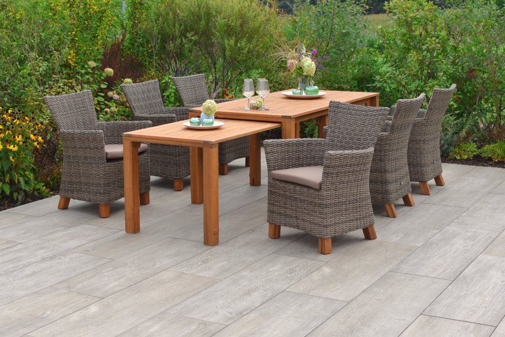 MERXX Garten-Essgruppe Toskana, (7tlg., 6 Sessel, 6 Sitzauflagen, 2 Tische), verlängerbarer Tisch, Sesselbeine aus Akazienholz