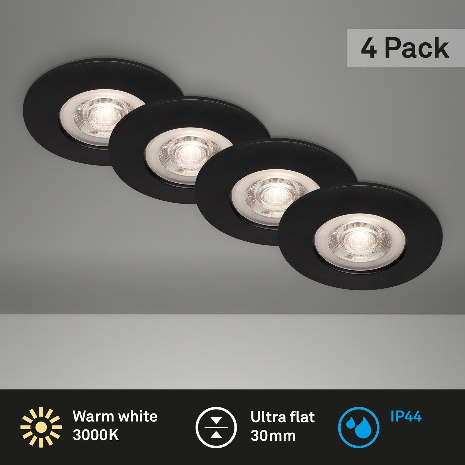 Briloner Leuchten LED Einbauleuchte 7998-045, schwarz-matt, cm fest Set, ultraflach, verbaut, 6,8 warmweiß, LED IP44, 4er Warmweiß