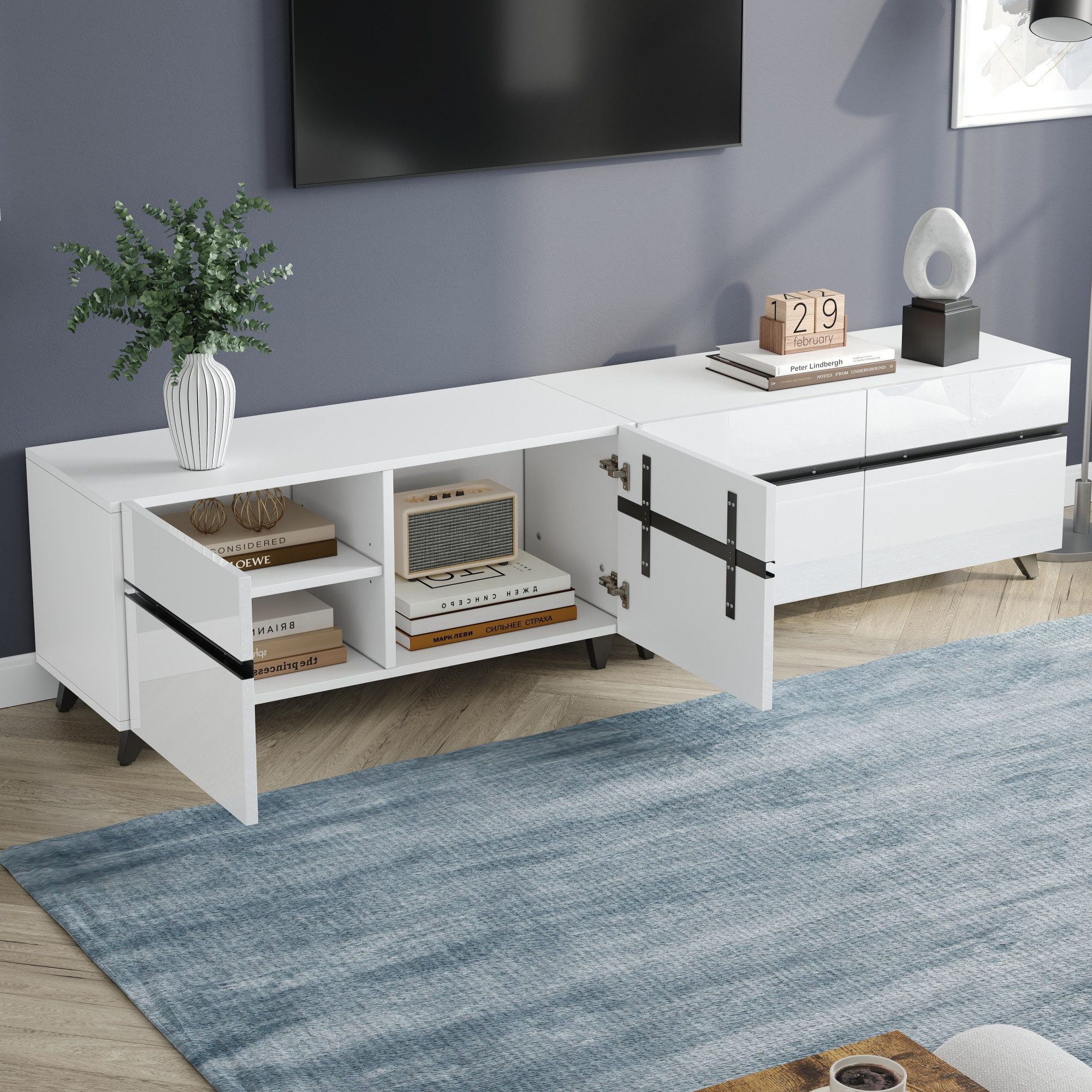 Merax Lowboard Hochglanz Fernsehtisch in Weiß mit schwarzen Linien (180×40×49 cm, 1 St., Wohnzimmerschrank für Fernseher bis 80 Zoll), TV-Schrank mit 4 Schränke – Bild 4 von 5