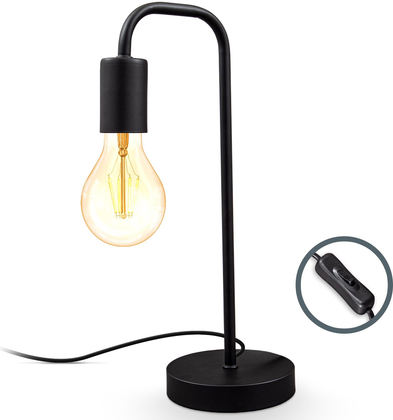 B.K.Licht Tischleuchte BK_TL1381 Retro Tischlampe, Gebogen, Matt-Schwarz, E günstig online kaufen
