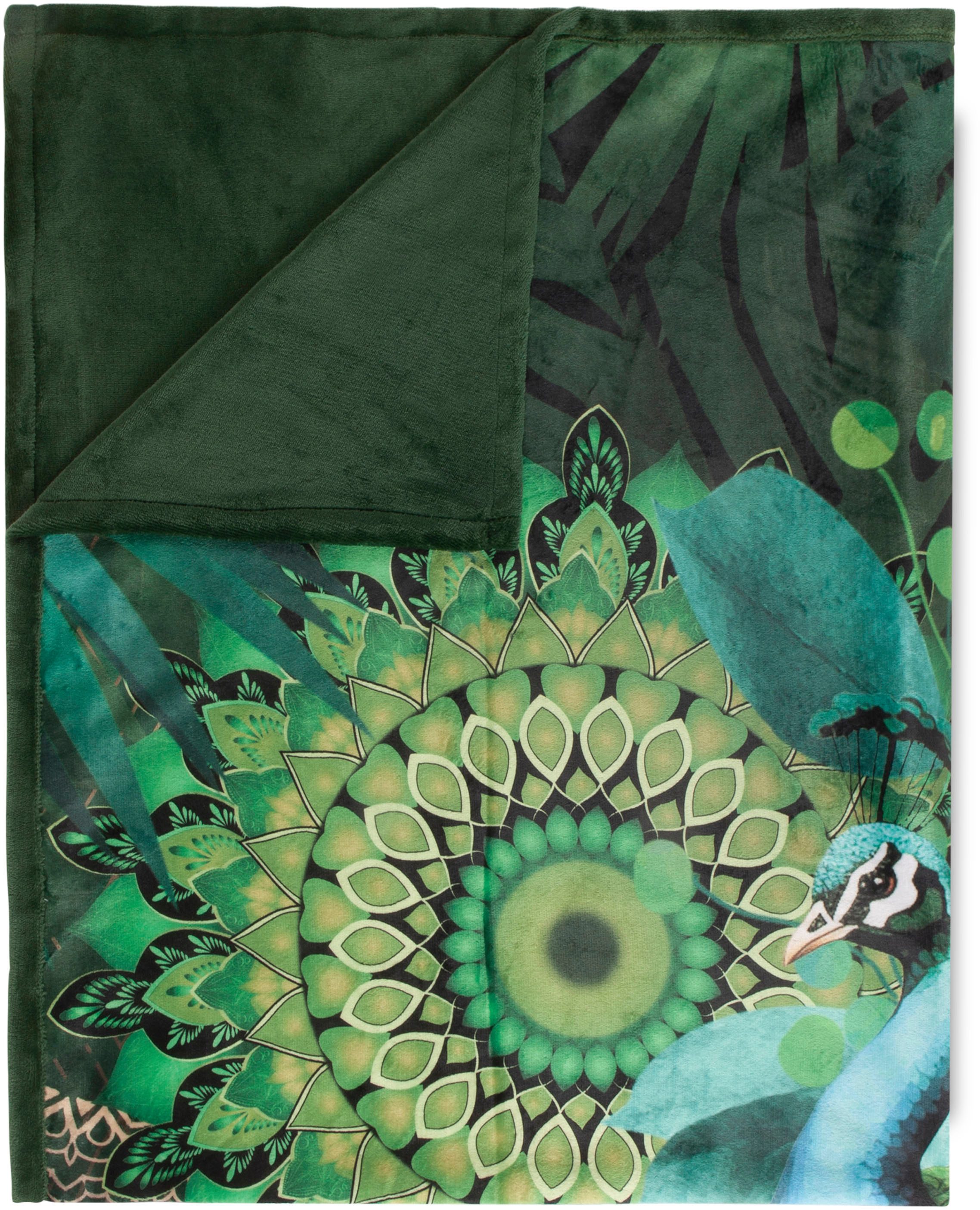 Plaid Agatha, hip, Weich, Kuscheldecke, 130x160 cm, Wendeoptik, Mandala, Pfau, Grün