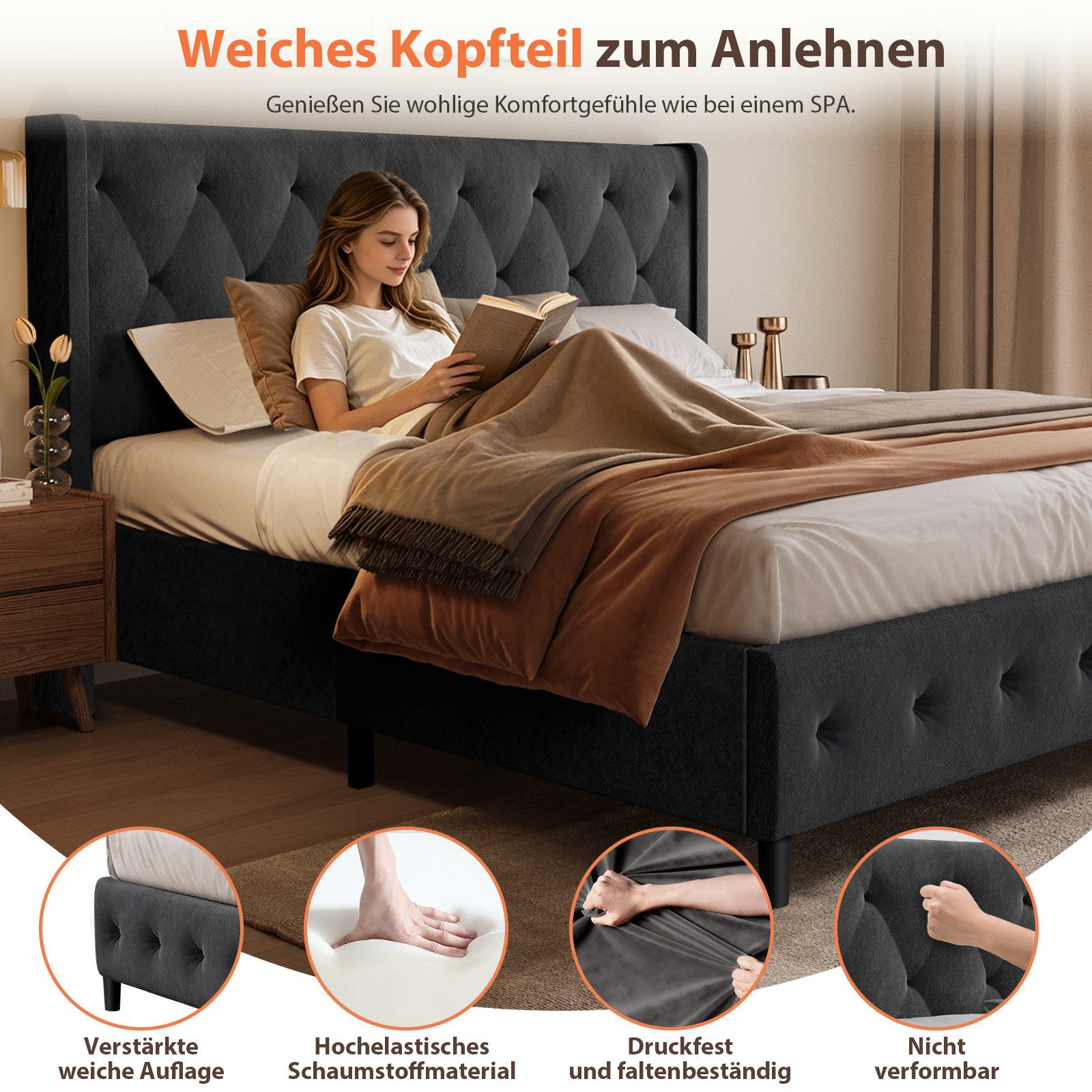 Lexzurn Polsterbett Polsterbett 140x200 cm Bett mit Lattenrost (Doppelbett mit gepolstertem Kopfteil, Einfache Montage, Robustes Gestell und Hochwertiger Samtstoff), wählen Sie Größe und Farbe! Kostenlose Lieferung!