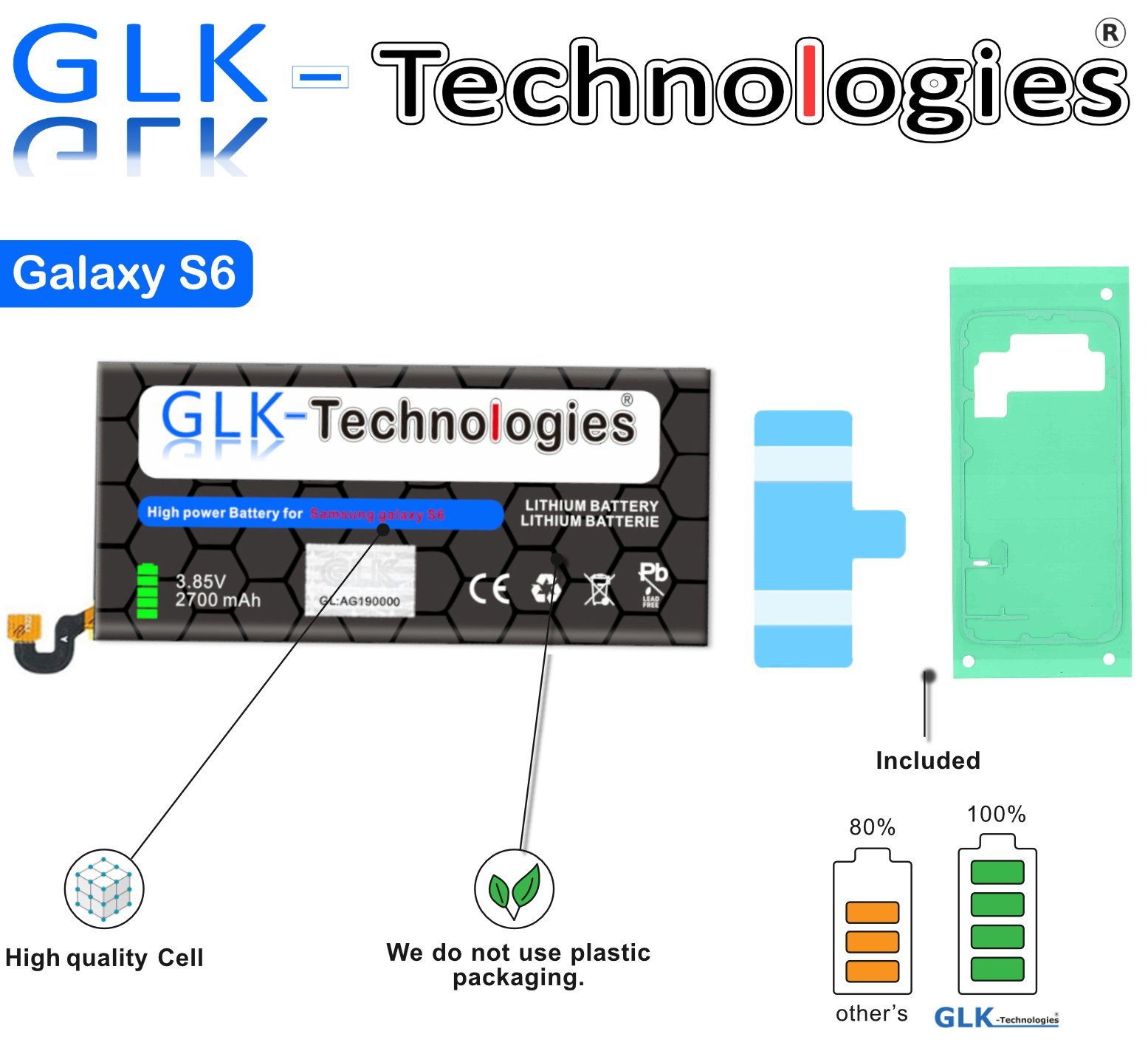 GLK-Technologies High-Capacity Ersatzakku kompatibel mit Samsung Galaxy S6 SM-G920F / EB-BG920ABE, Original GLK-Technologies Battery, accu, 2700 mAh Akku, inkl. 2X Klebebandsätze NEU Smartphone-Akku 2700 mAh (3.85 V)