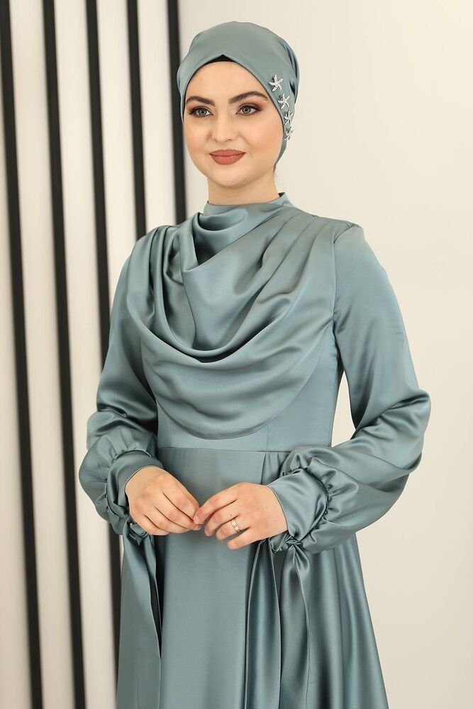 fashionshowcase Abendkleid Damen Maxikleid Satinkleid langarm Modest Fashion