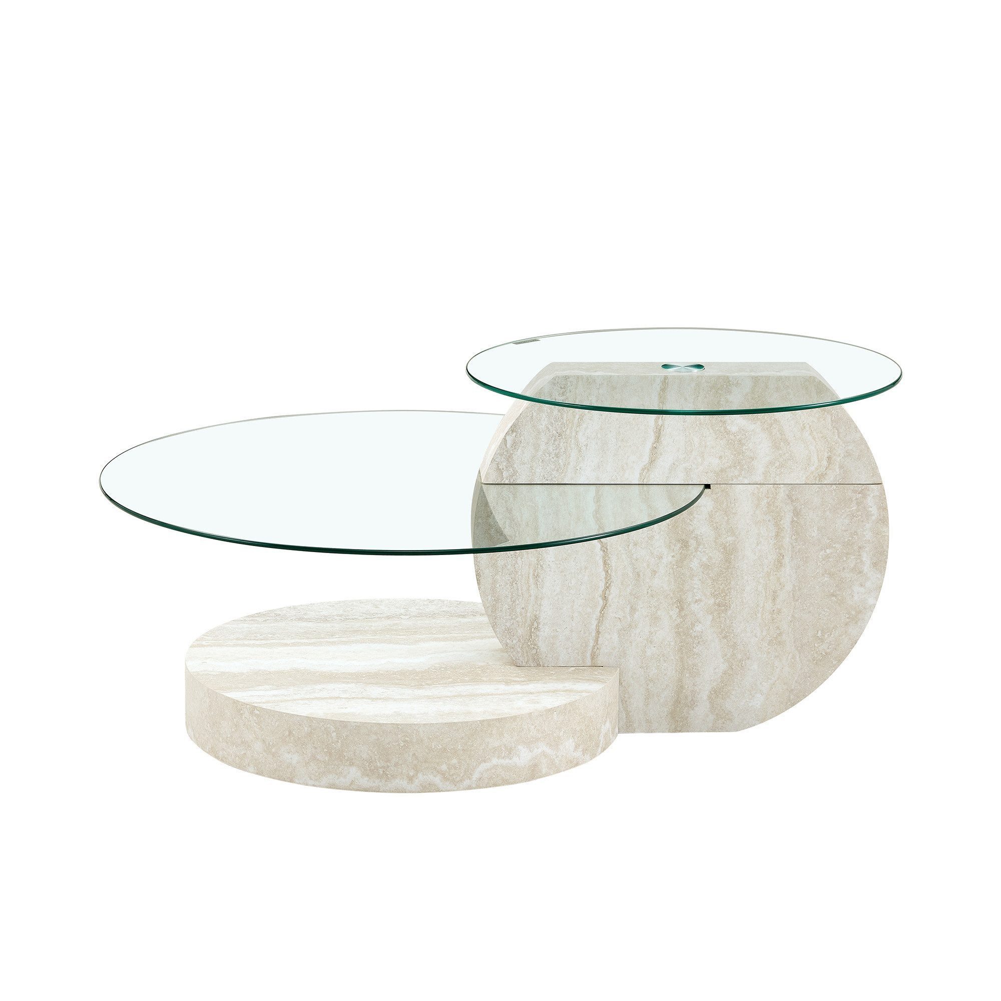 gopop Couchtisch 2er Set, Rundes Glas-Beistelltisch Wohnzimmertisch mit Stauraum, 6 mm Hartglasplatten, MDF-Basis, 90x70 cm