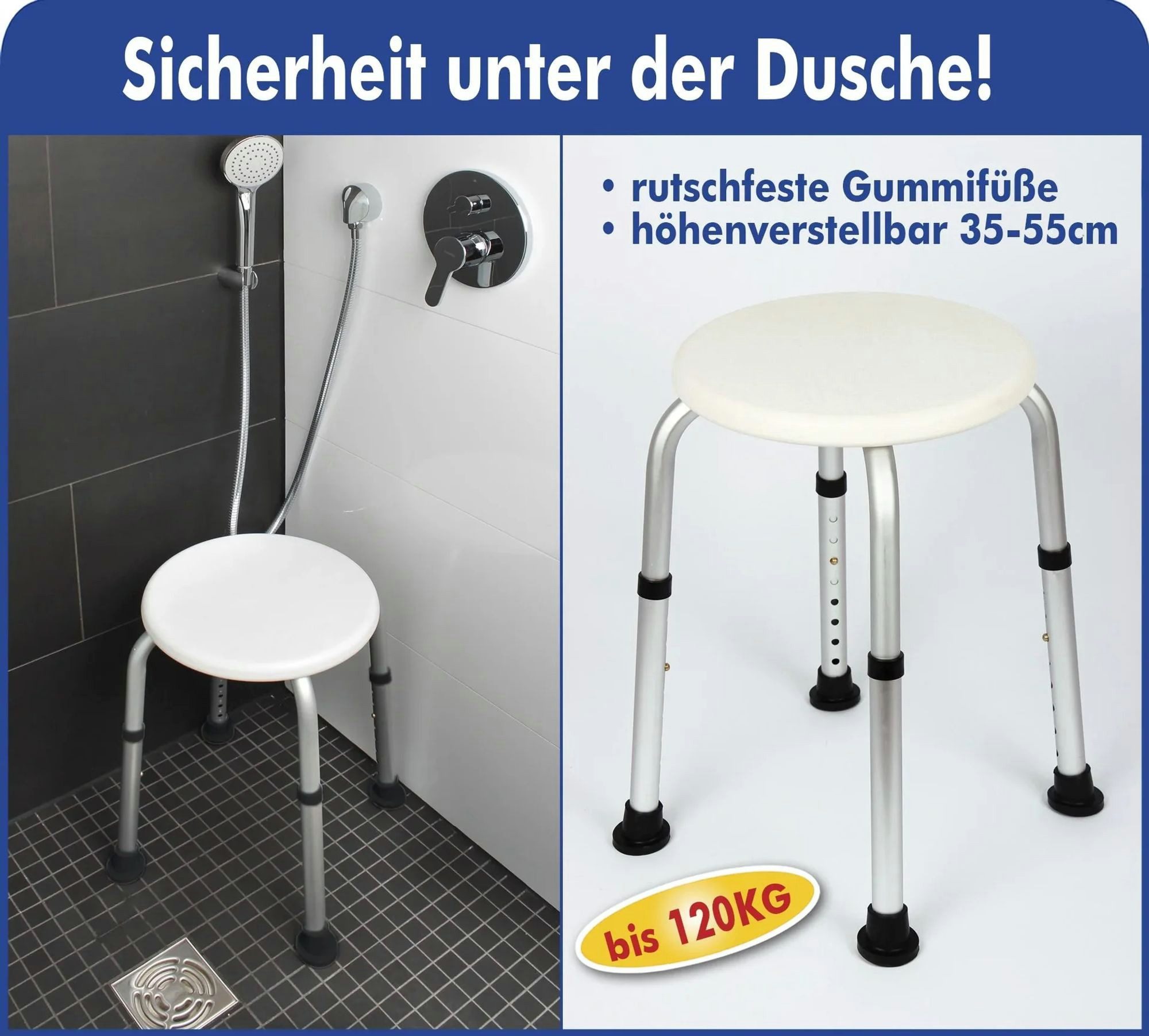Westfalia Werkzeug Duschhocker Dusch-Hocker, höhenverstellbar, Weiß/ Silberfarben