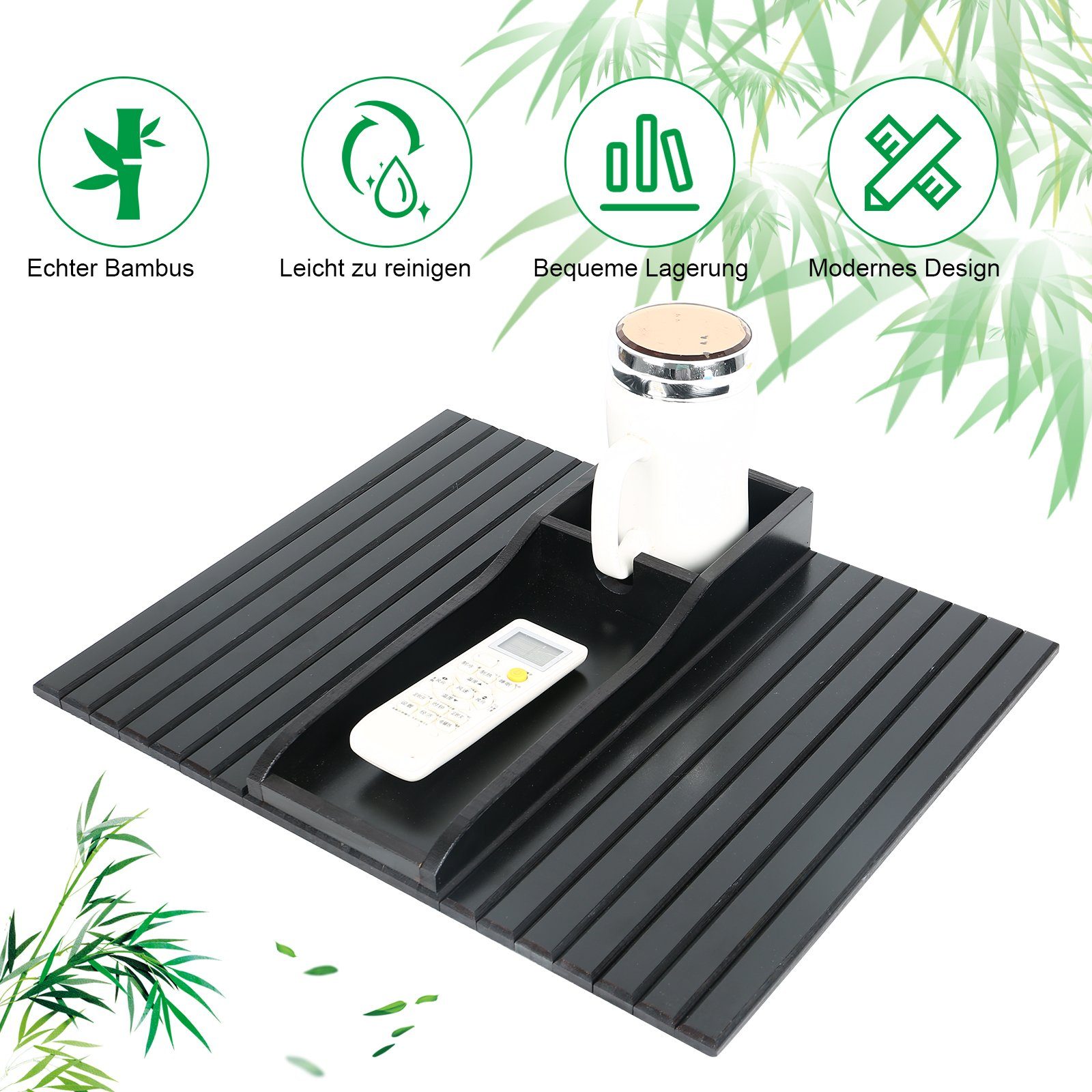 Tablett Bambus Sofa-Armlehnenkissen Schwarz aus Bambus aus 34*42cm, Umweltfreundliches Getränkehalter, TWSOUL Material mit