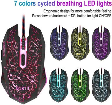 BAKTH Tastatur- und Maus-Set, Regenbogen Farben Beleuchtete Wasserdicht USB Wired für Pro PC Gamer