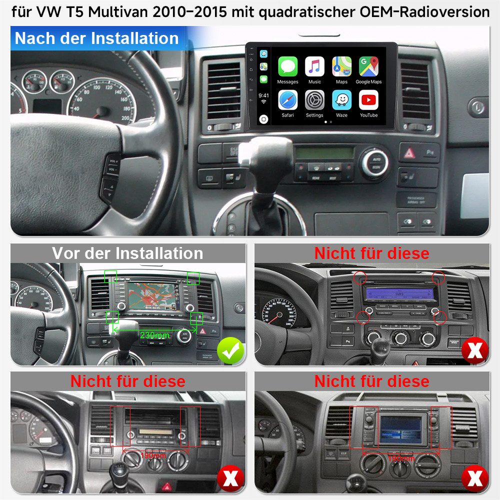 A-Sure Carplay Android 15 Navi Für VW T5 Multivan Transporter 2010-2015 Autoradio (DSP, RDS, Digitalradio (DAB), USB, 1280*720)