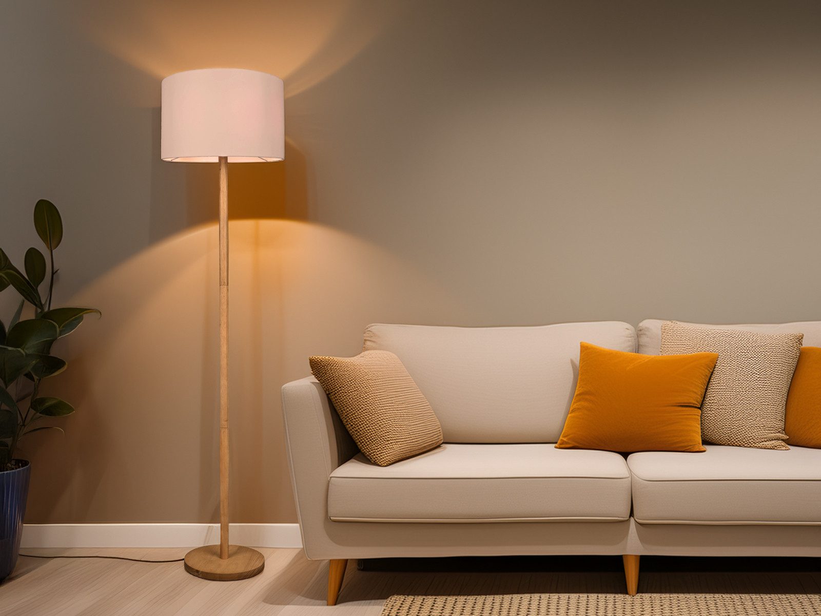 TRIO Leuchten LED Stehlampe, Dimmfunktion, LED wechselbar, Warmweiß, Holz-Lampe skandinavisch mit Stoff Lampenschirm für Ecke, Höhe 160cm