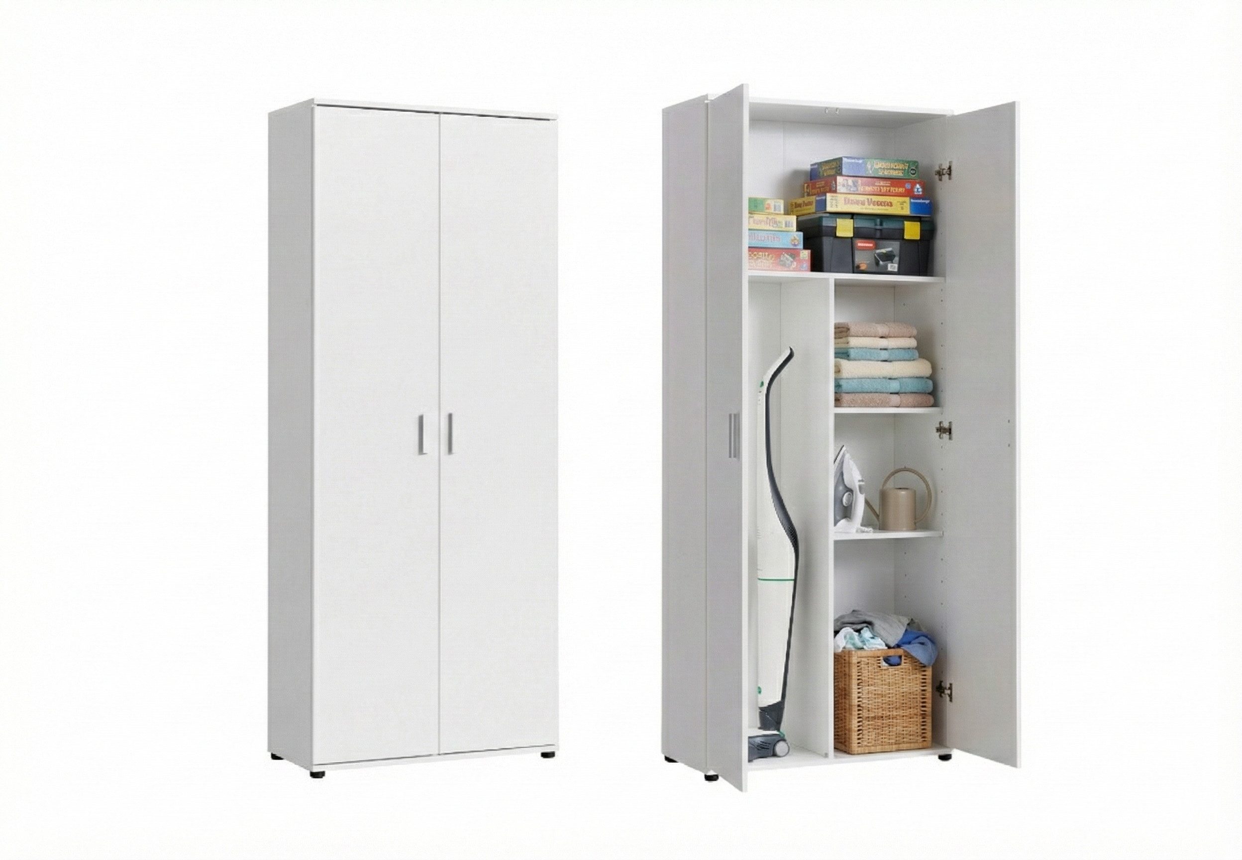 Home Collective Mehrzweckschrank 75 cm breit mit Einlegeböden 75x35x184 cm (BxTxH) Weiß mit 2 Einlegeböden und Fach für Staubsauger