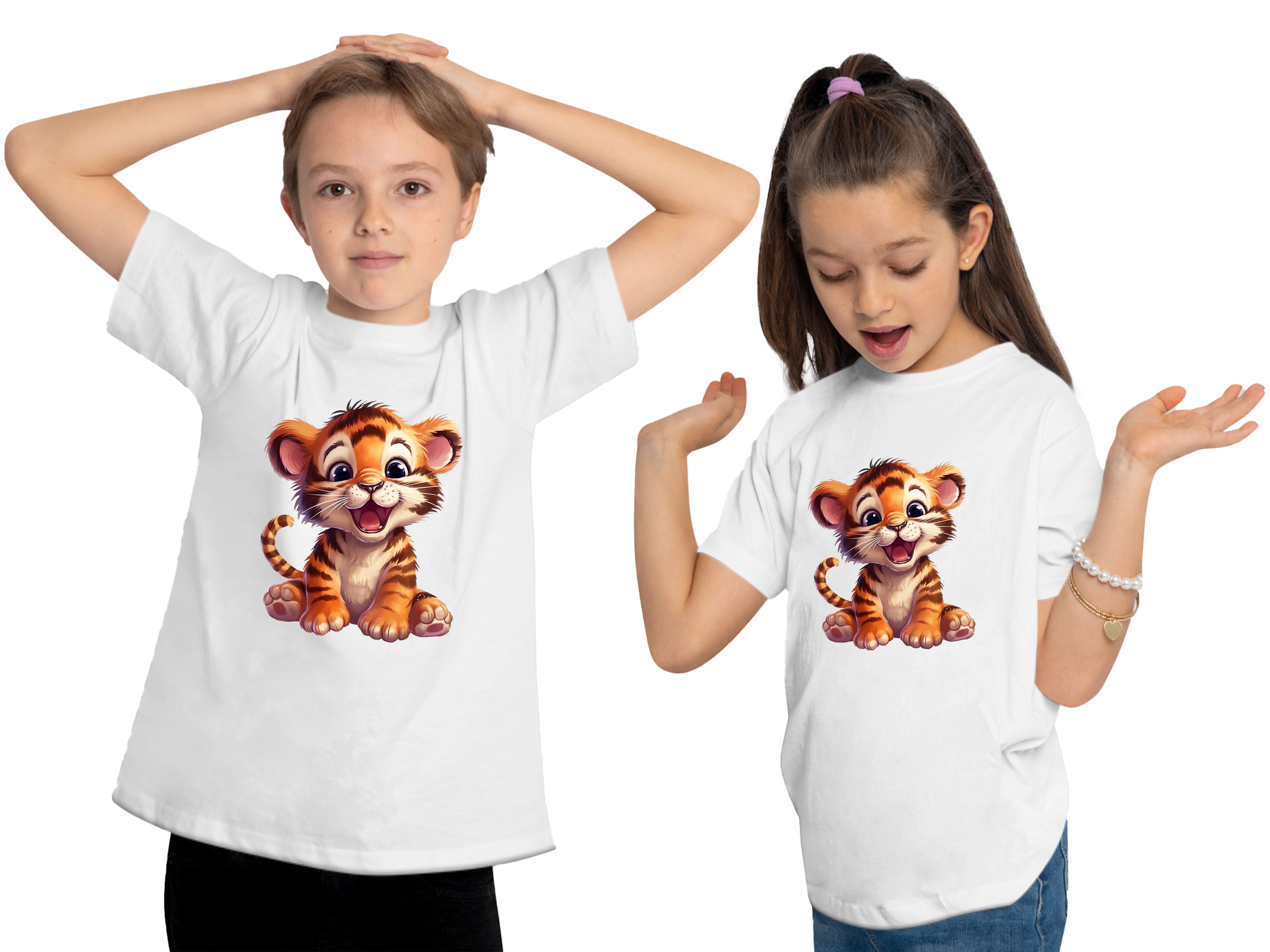 MyDesign24 T-Shirt i266 Shirt Wildtier weiss bedruckt Kinder mit Aufdruck, Baby - Tiger Print Baumwollshirt