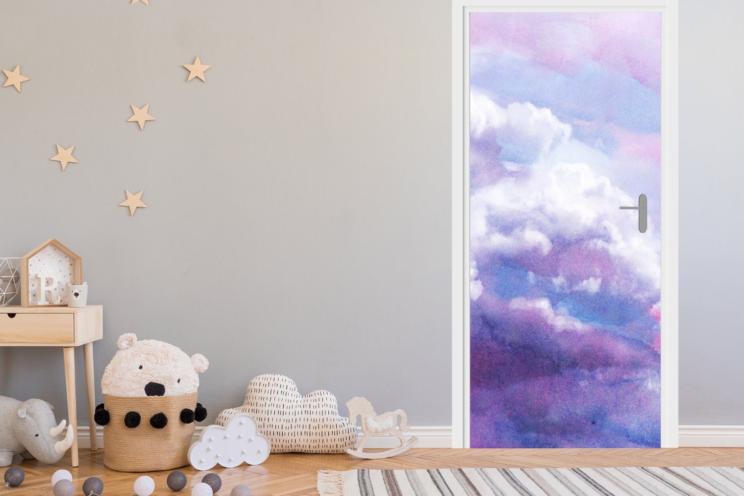 Eine eines bedruckt, 75x205 Illustration Himmels MuchoWow Tür, Türaufkleber, Fototapete (1 cm rosa für St), Türtapete mit Wolken, Matt,