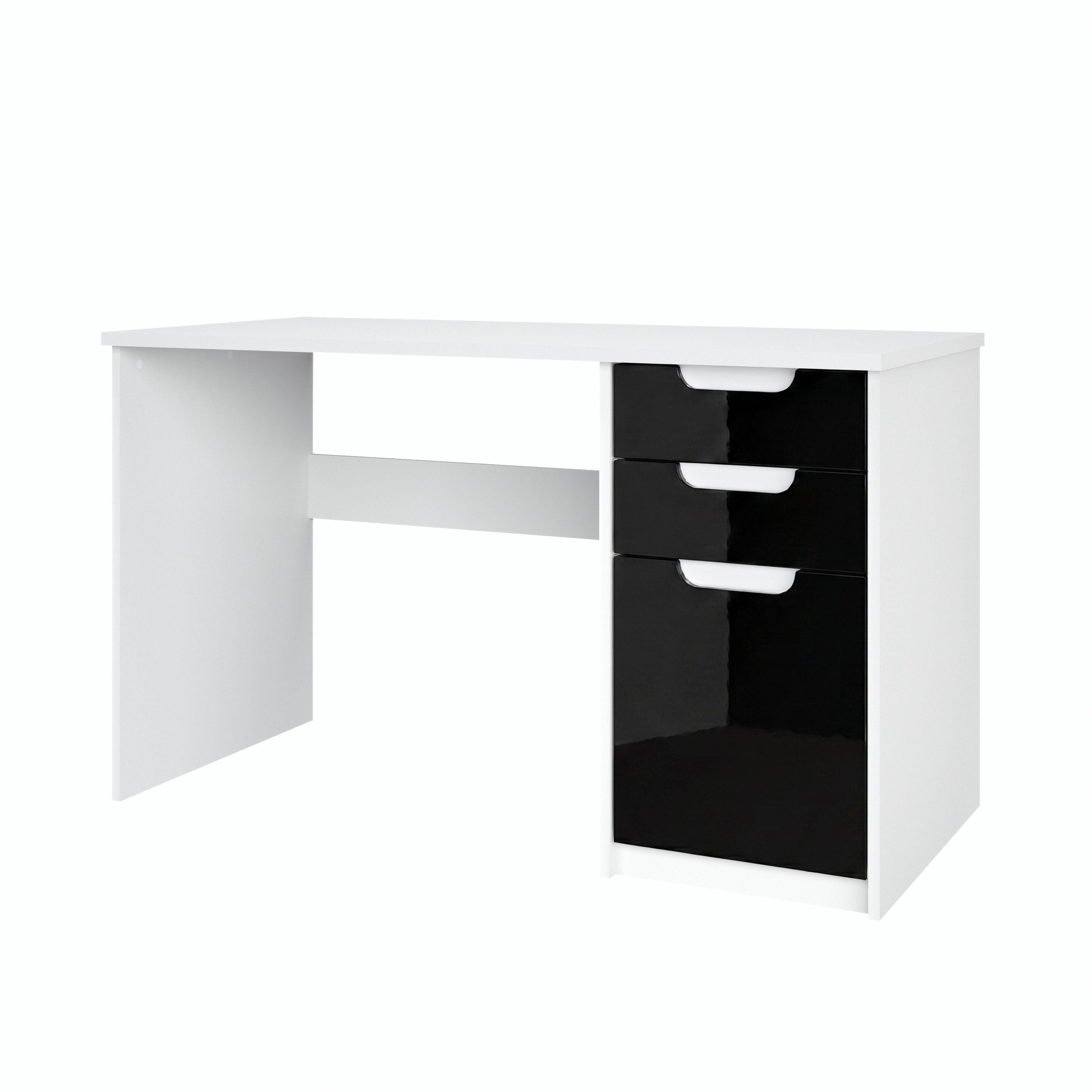 Vladon Schreibtisch Logan (Bürotisch, mit 2 Schubladen und 1 Tür), Weiß matt/Schwarz Hochglanz (129 x 76 x 60 cm)