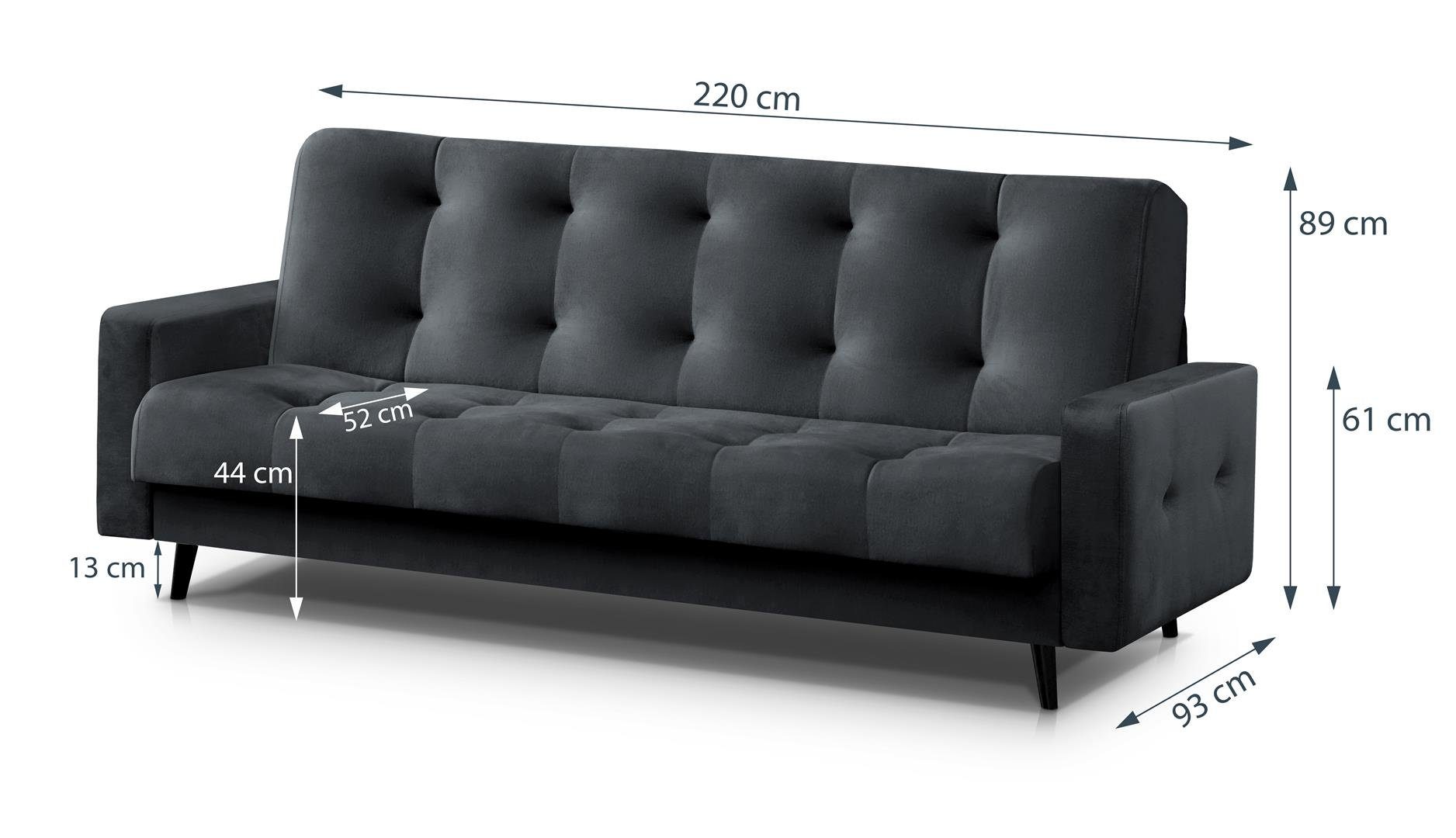 Schlafsofa Federkern, NANCY Beautysofa mit BIS, Dunkelgrau (monolith velours Bettkasten, Schlaffunktion, 97) 3-Sitzer Sofa, wasserdicht