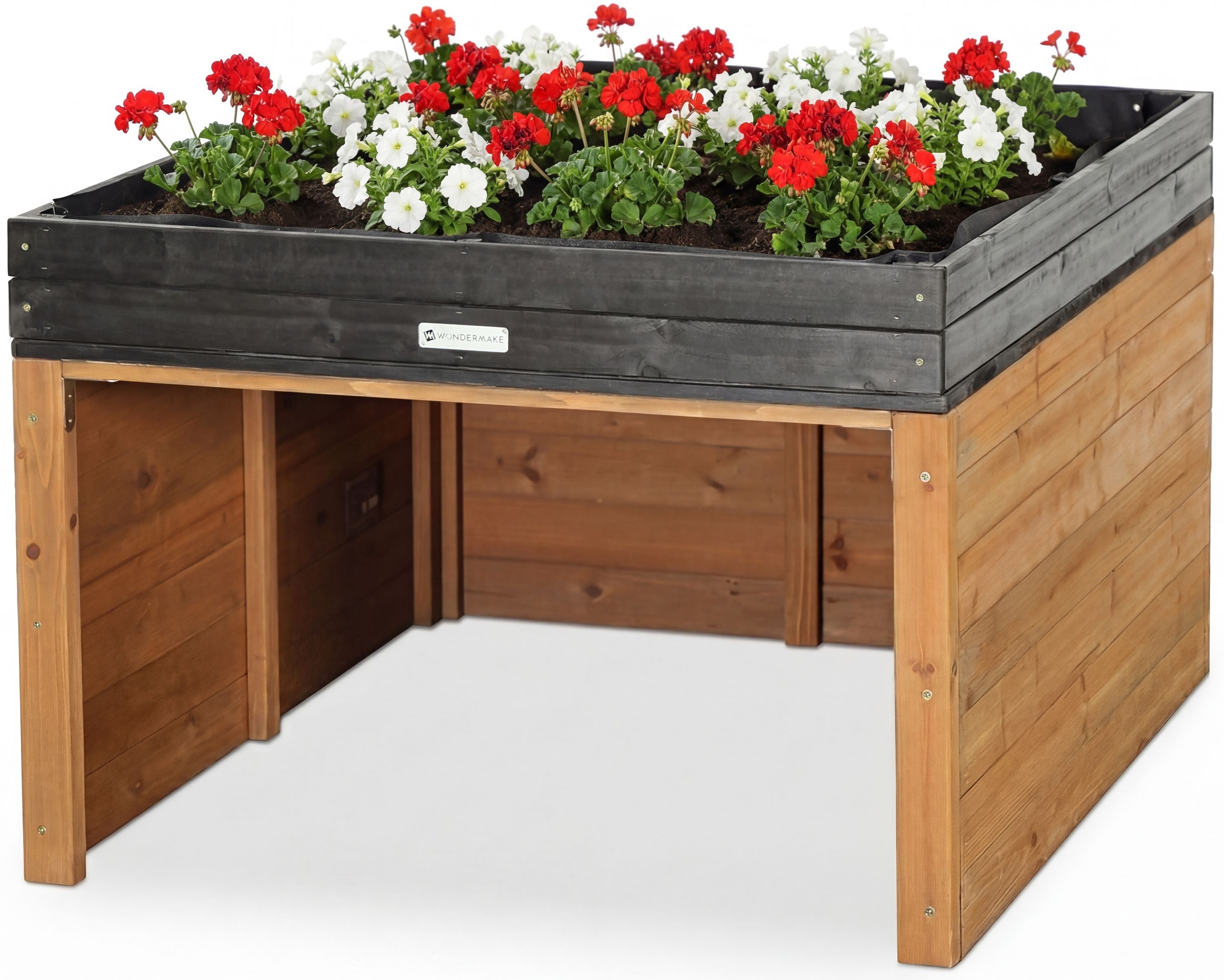 WONDERMAKE Mähroboter-Garage groß XL universal mit Wasserablauf und Pflanzkasten Unterstand Carport, BxTxH: 78.5x96x57 cm, XXL Design Mähroboter Rasenroboter Garage aus Holz, braun schwarz