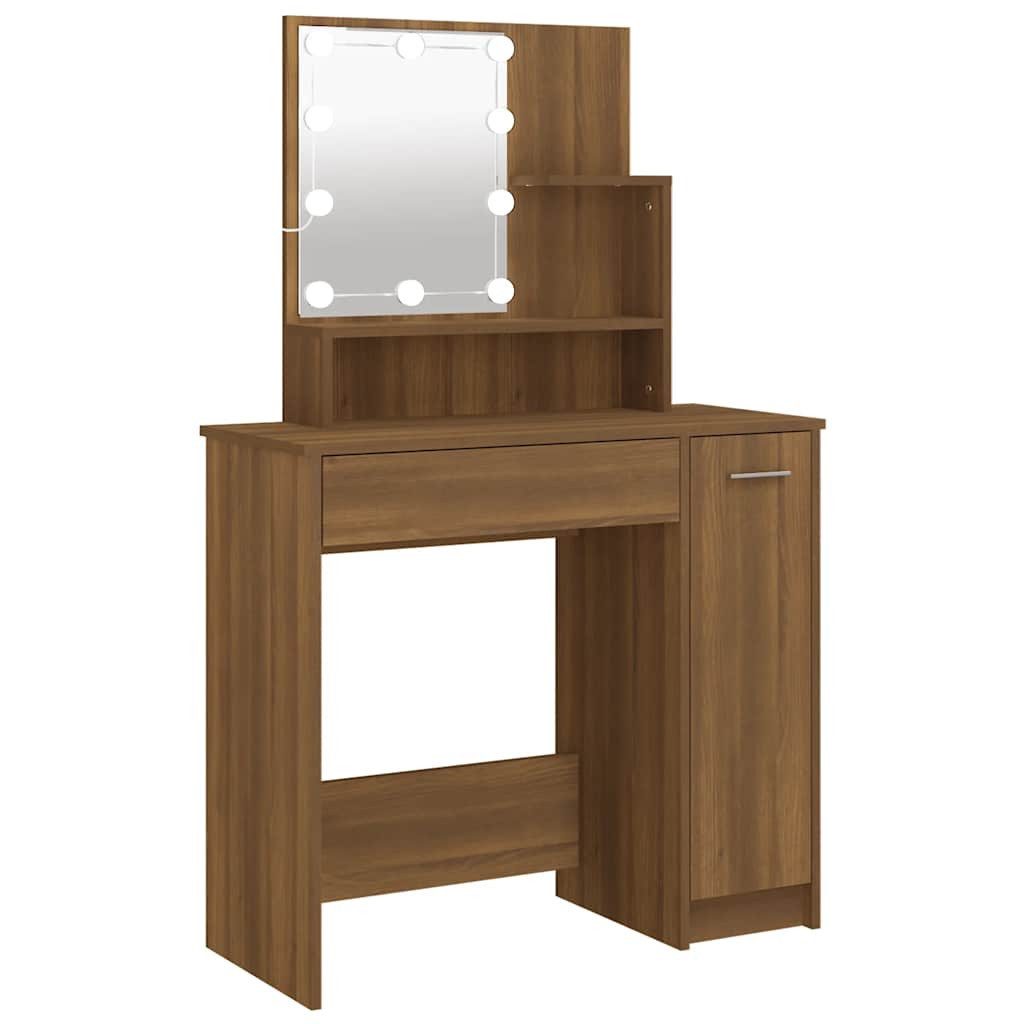 furnicato Schminktisch 86,5x35x136 cm Braun Massivholz Optik (1-St), LED-Spiegeltisch mit USB-Anschluss, Ablagen und Beistellschrank