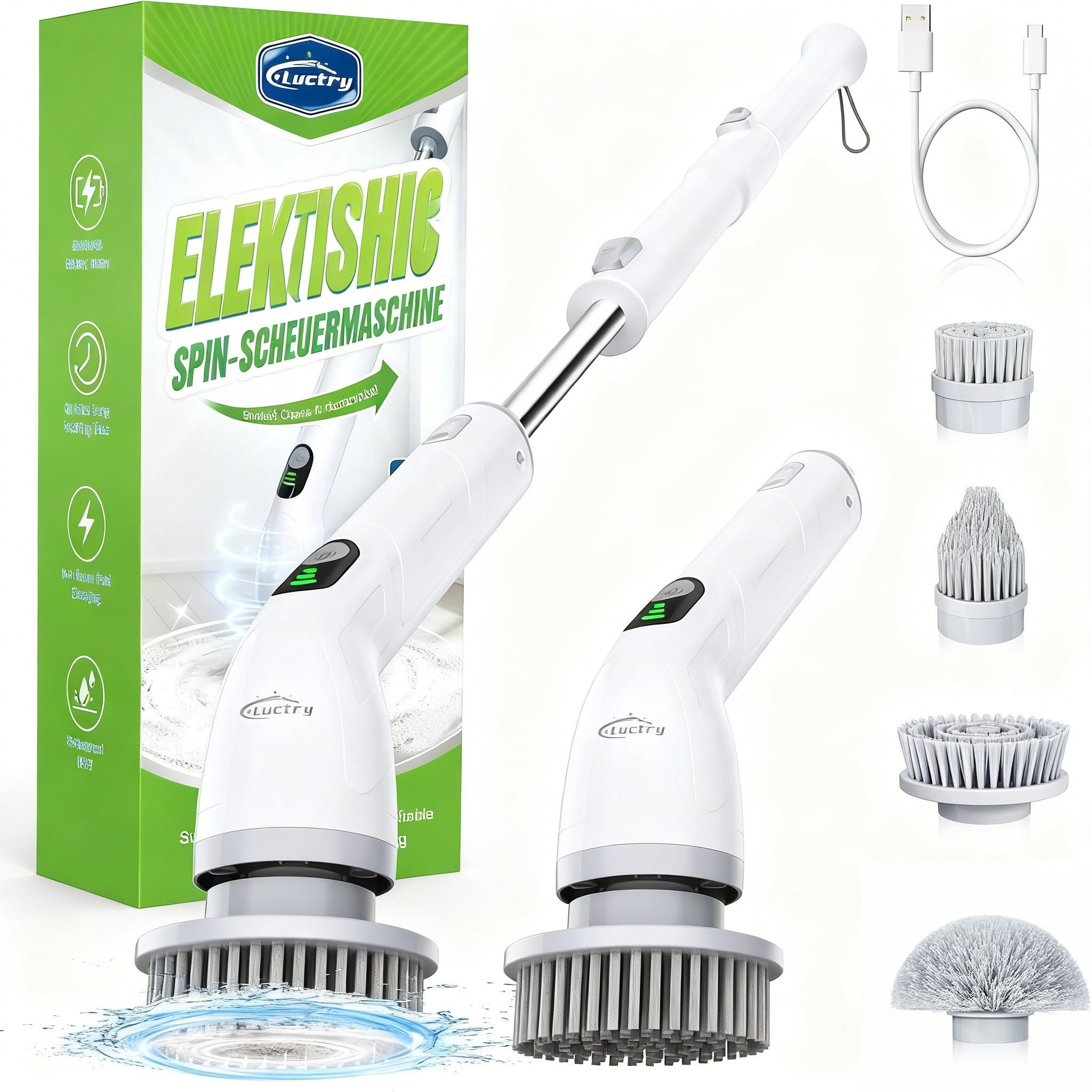 Rolipo Reinigungsbürste Elektrische Reinigungsbürste mit 4 Aufsätzen,400U/min Turbo,2500mAh, (1-tlg), Teleskopgriff Bad, Küche,Fliesen,Auto,Fugen – Kabellos & wasserdicht