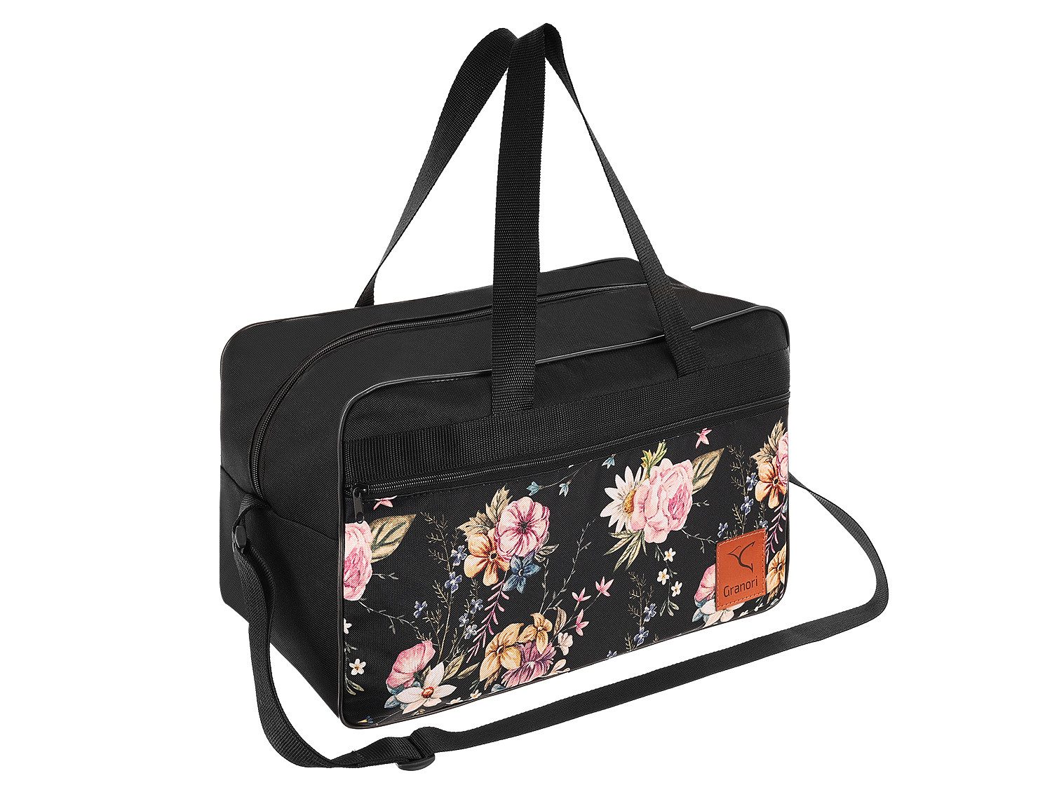 Granori Reisetasche 40x20x25 / 40x30x20 cm mit Blumenmuster (Handgepäck-Tasche für Damen), mit Seitentasche und Koffergriff-Schlaufe