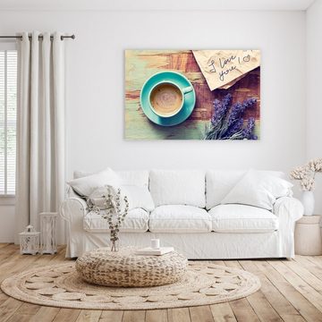 Primedeco Glasbild Wandbild Kaffeetasse und Lavendel mit Aufhängung, Kaffee