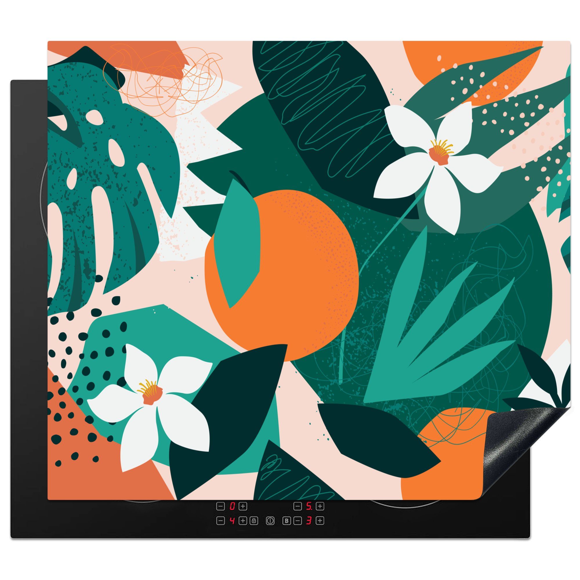 MuchoWow Herdblende-/Abdeckplatte Blumen - Obst - Dschungel, Vinyl, (1 tlg), 59x52 cm, Ceranfeldabdeckung für die küche, Induktionsmatte