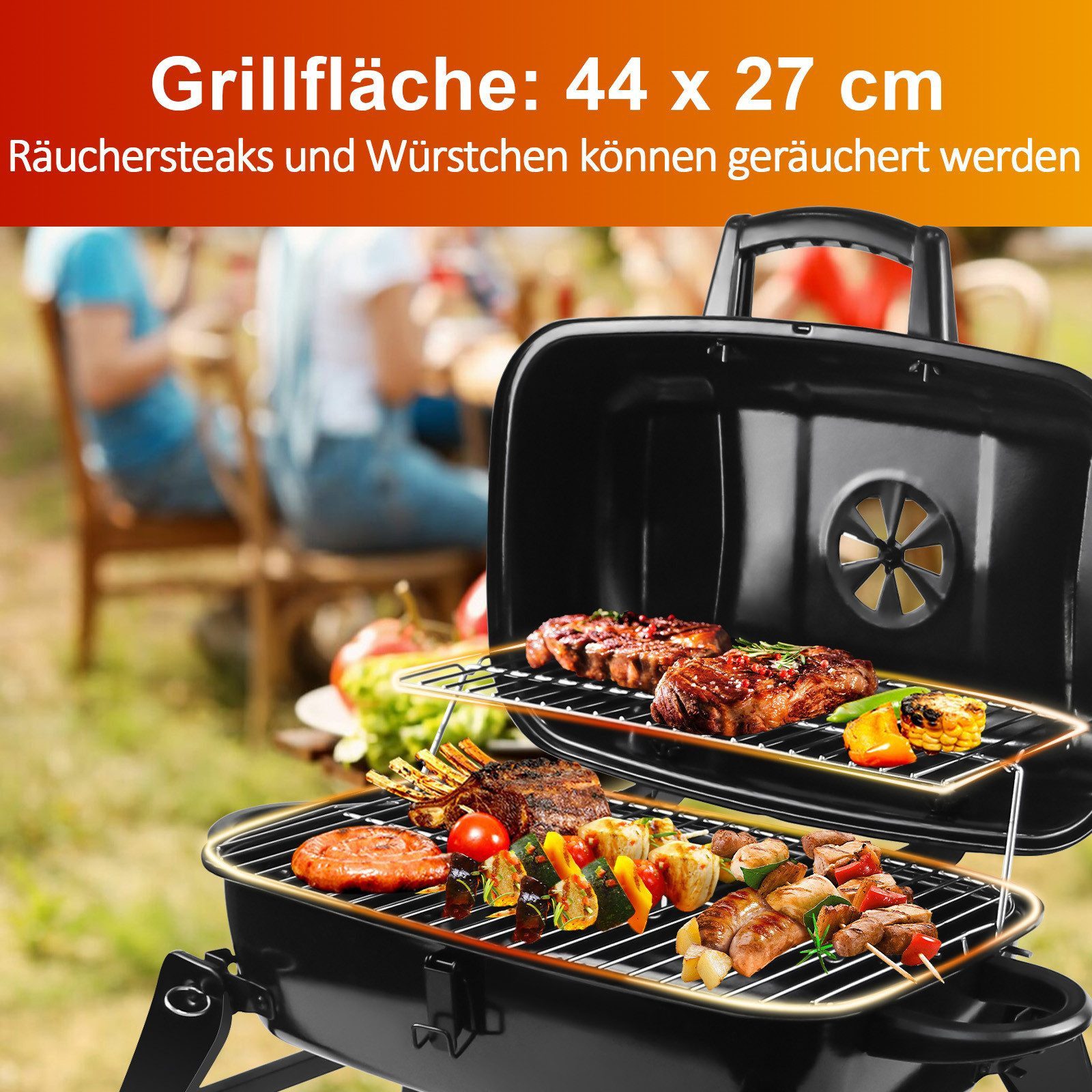 SunJas Holzkohlegrill K-4528BK mit Deckel Beide Grillflächen, Campinggrill Klappgrill Picknickgrill Tragbar Garten BBQ Grill