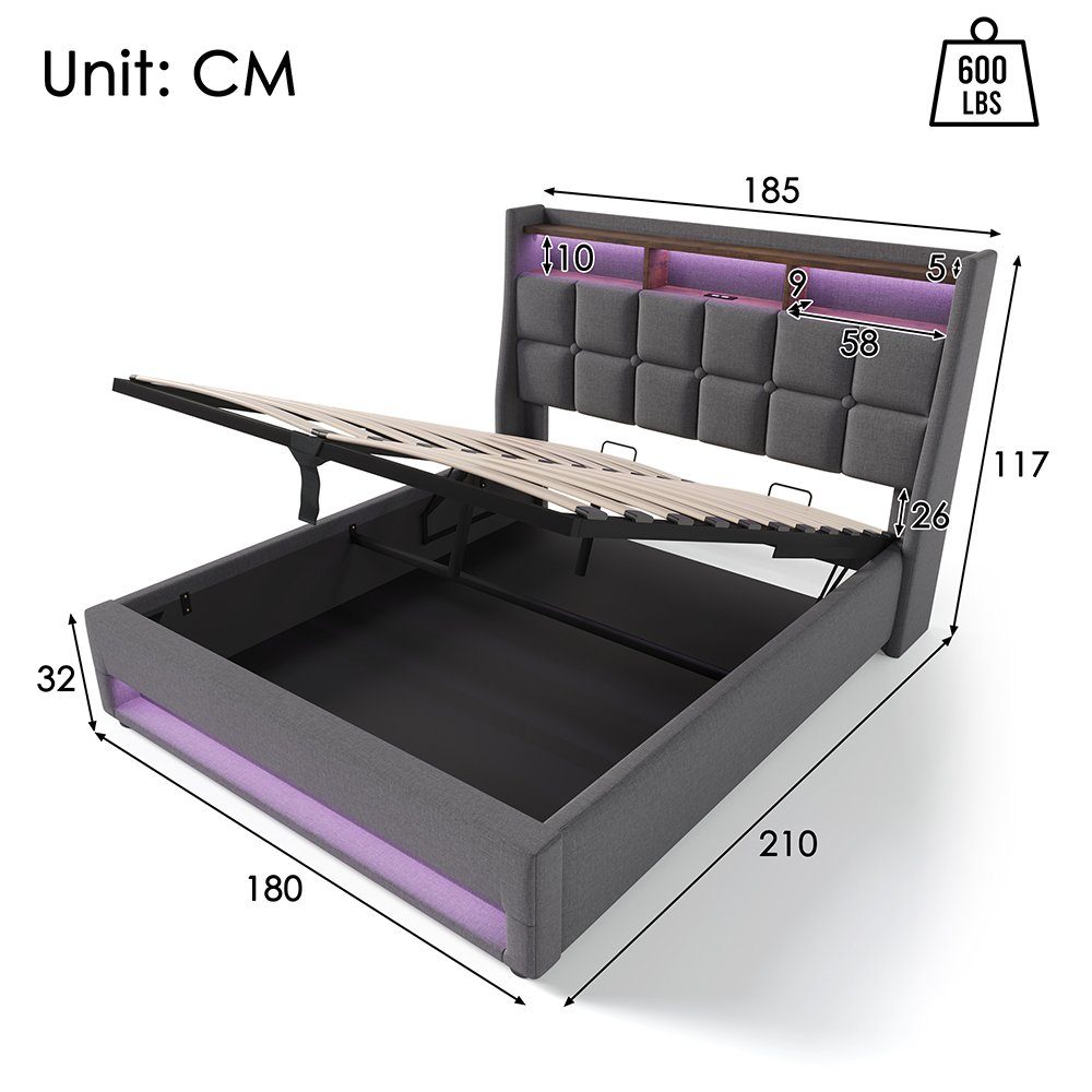 Polsterbett (Funktionsbett, 180x200 cm Hydraulisches Bett mit Lattenrost), Stauraumbett mit LED-Beleuchtung und USB-Anschluss, Baumwolle-Leinen