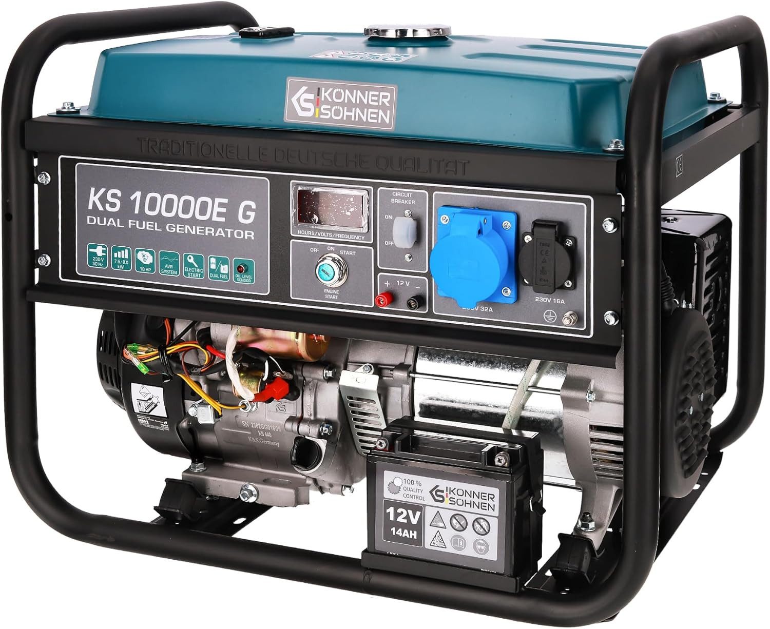 Könner & Söhnen Генераторы KS 10000E G, 8,00 in kW, (1x32A (230V), Generator, E-Start, Automatischer Spannungsregler, 1-tlg., Hybrid Генераторы, 4-Takt, Kupfer,Steckdosen 1x16A (230V), für Haus, Garage oder Werkstatt