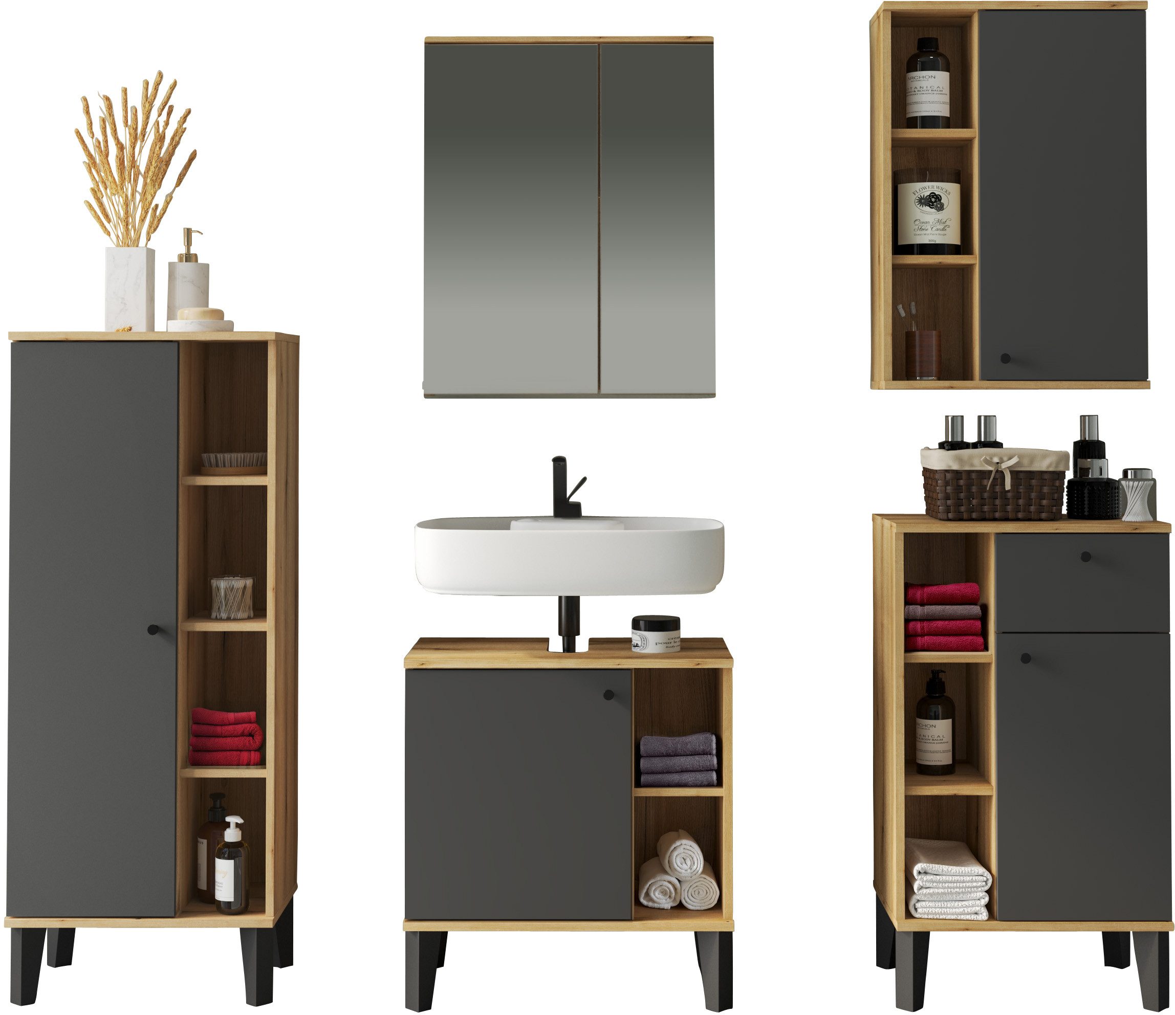 Home affaire Badmöbel-Set OSLO, Bad im skandinavischen Design, 5-teiliges Badezimmer, (Set, 5-St), Badschränke und Spiegel, in zwei Farben verfügbar, viel Stauraum