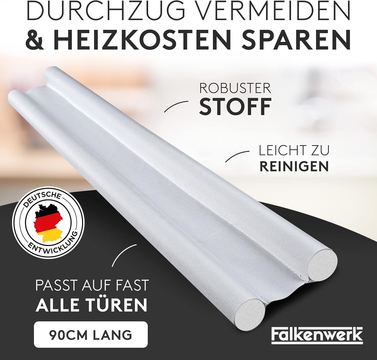 Falkenwerk Zugluftstopper für Türen [2er-Set] - Zuschneidbare Türdichtung 90cm, Weiß, doppelseitig, Heizkostensparend