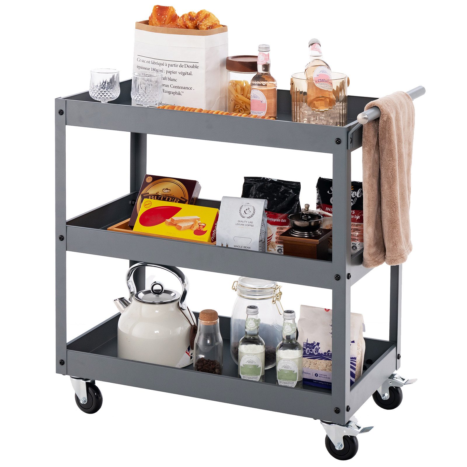 COSTWAY Küchenwagen, auf Rollen, mit 3 Ebenen & Griff, 76 x 38 x 79cm