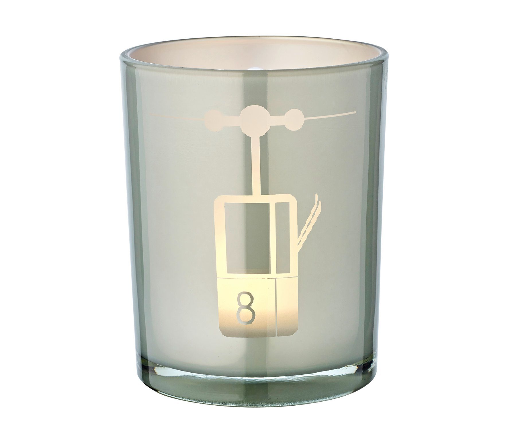EDZARD Windlicht Lift, Windlicht, Kerzenglas mit Lift-Motiv in Grau-Weiß, Teelichtglas für Teelichter, Höhe 13 cm, Ø 10 cm