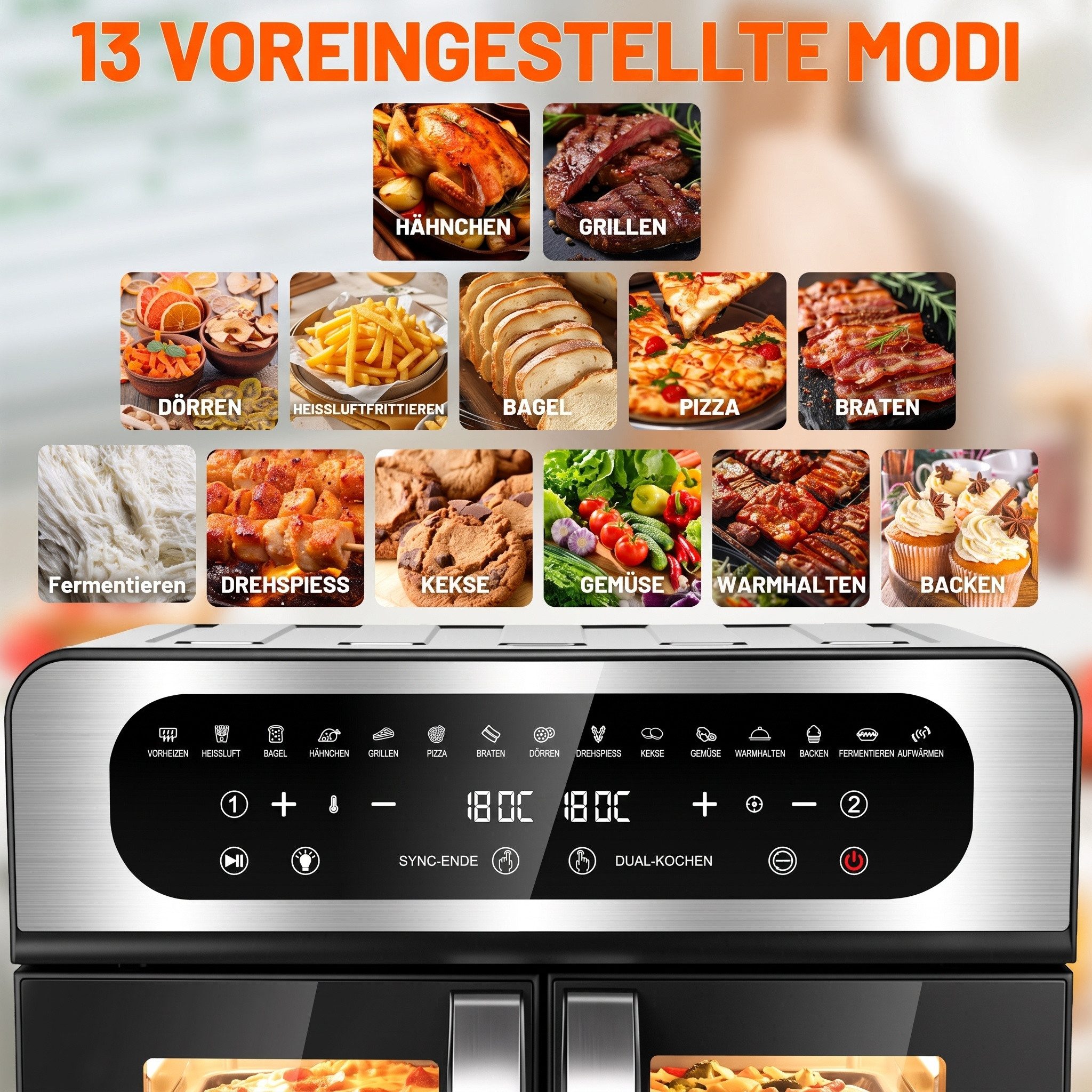 oyajia Heißluftfritteuse XXL Backofen mit Französischen Türen, Air Fryer Dual Zone mit Smart-Touch, Sync Finish, 15 Programme, Inkl. 13 Zubehörteile, Metallgehäuse, 2700,00 W